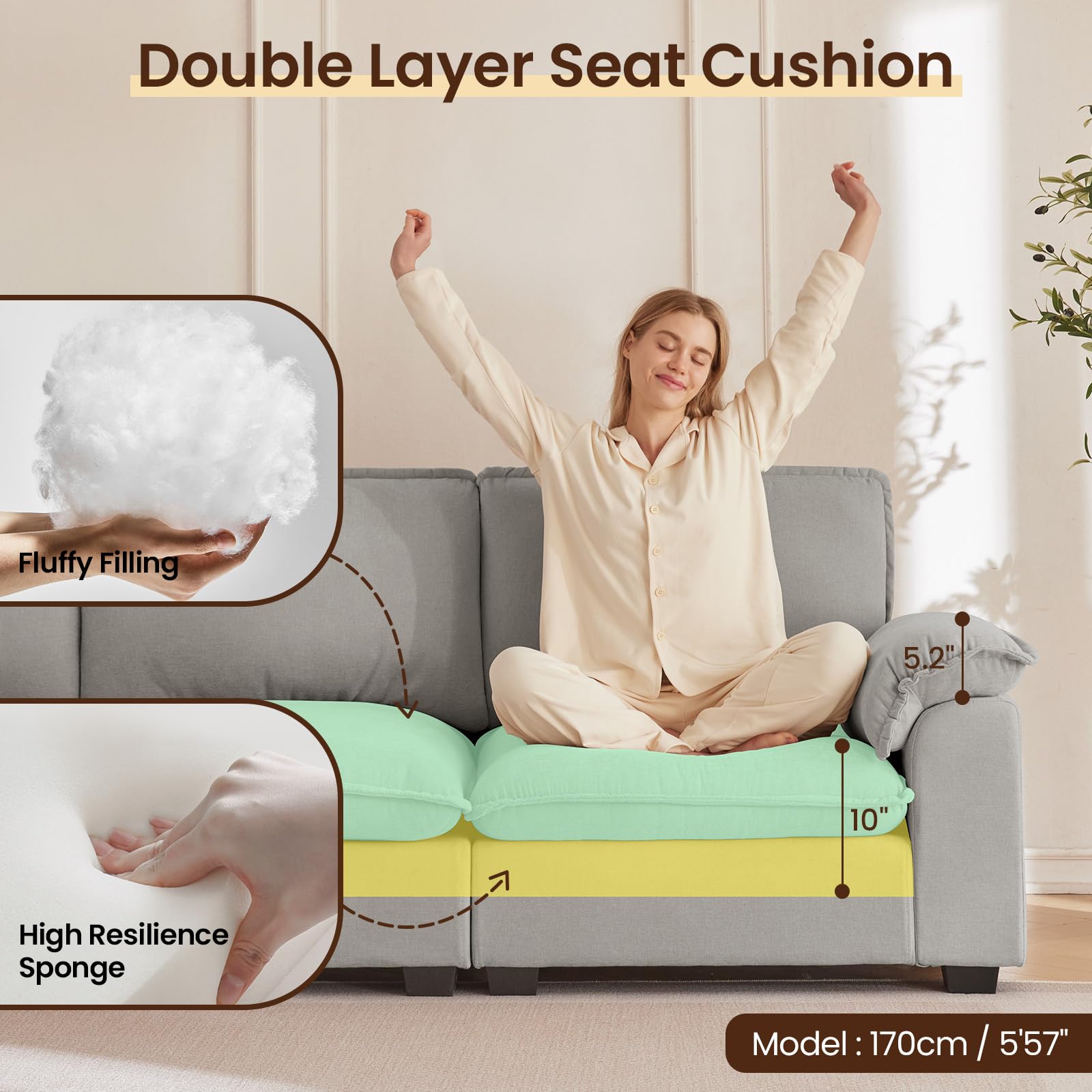 L-Shaped Modular Sectional Sofa with Reversible Chaise & Padded Armrests - Deep Seat Cloud Couch in Soft Chenille Fabric, Grey - Perfect for Living Room, Apartment, Office, and Home Theater Lounging