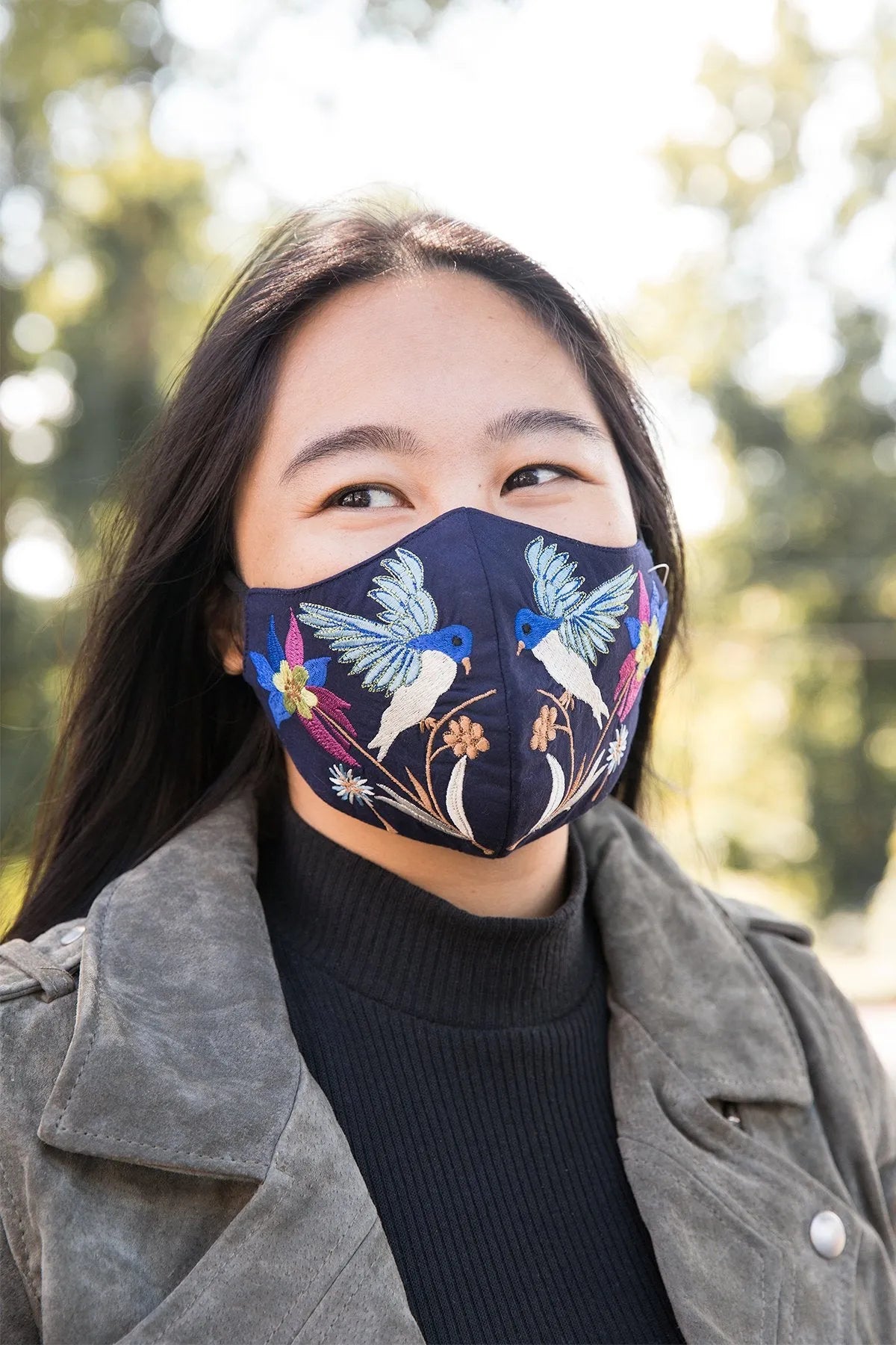 Hummingbird Embroidered Face Mask - Reusable Washable Cotton Fabric with Adjustable Ear Loops for Women & Men - Perfect for Outdoor Activities, Travel, and Daily Protection