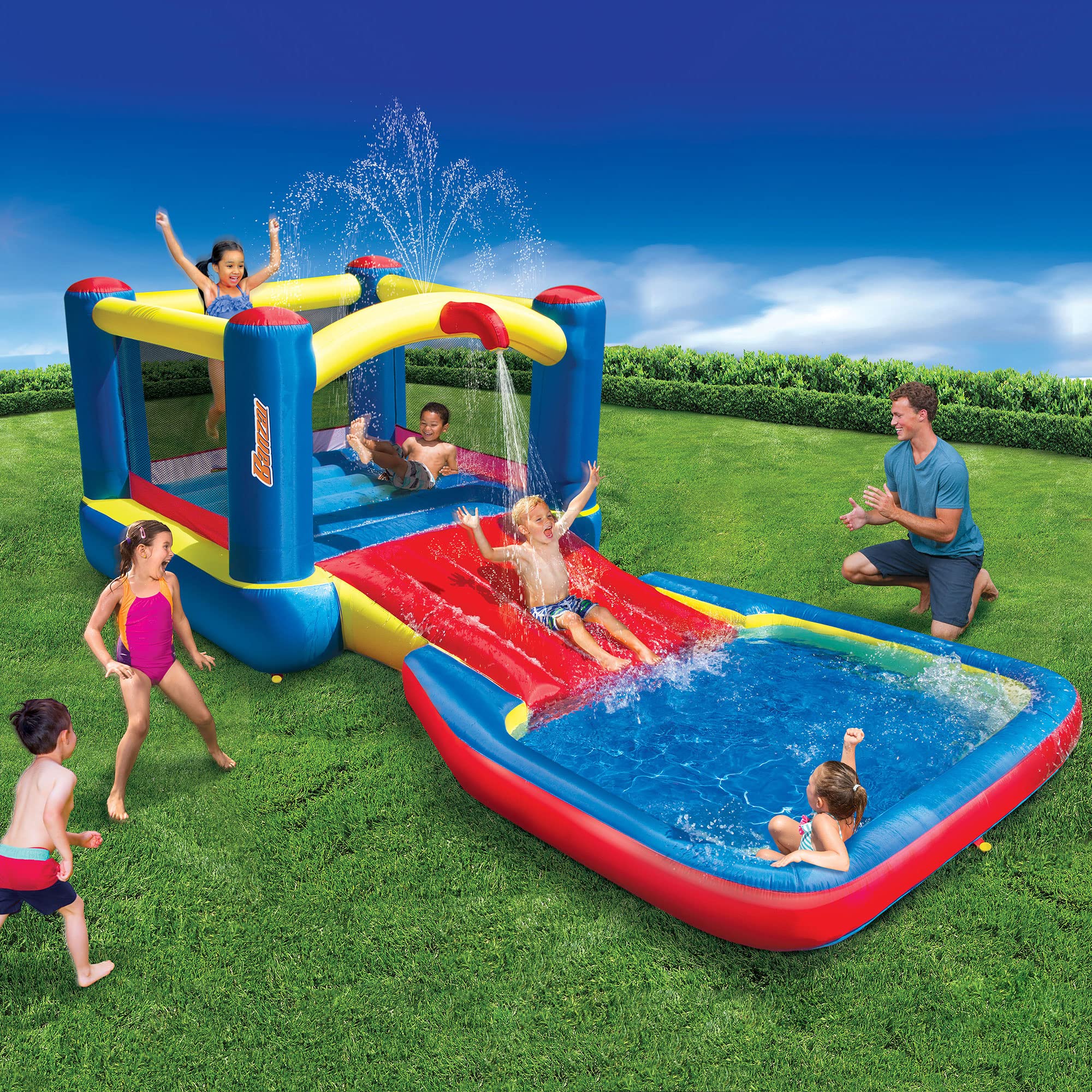 Banzai Bounce 'N' Splash Inflatable Water Slide Park - Heavy Duty Outdoor Bounce House with Slide & Splash Pool for Kids Ages 5-12 - Multicolor - Perfect for Backyard Parties, Summer Fun, and Family Gatherings