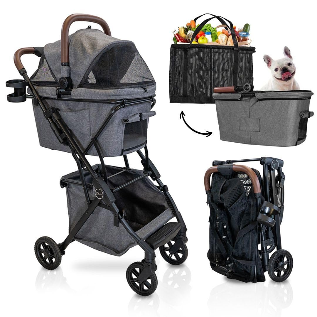 Premium Pet Stroller & Folding Shopping Cart with Lightweight Aluminum Frame - Removable Bassinet, Shopping Bag & Storage for Small to Medium Dogs & Cats (Shadow) - Perfect for Outdoor Walks, Shopping Trips & Vet Visits