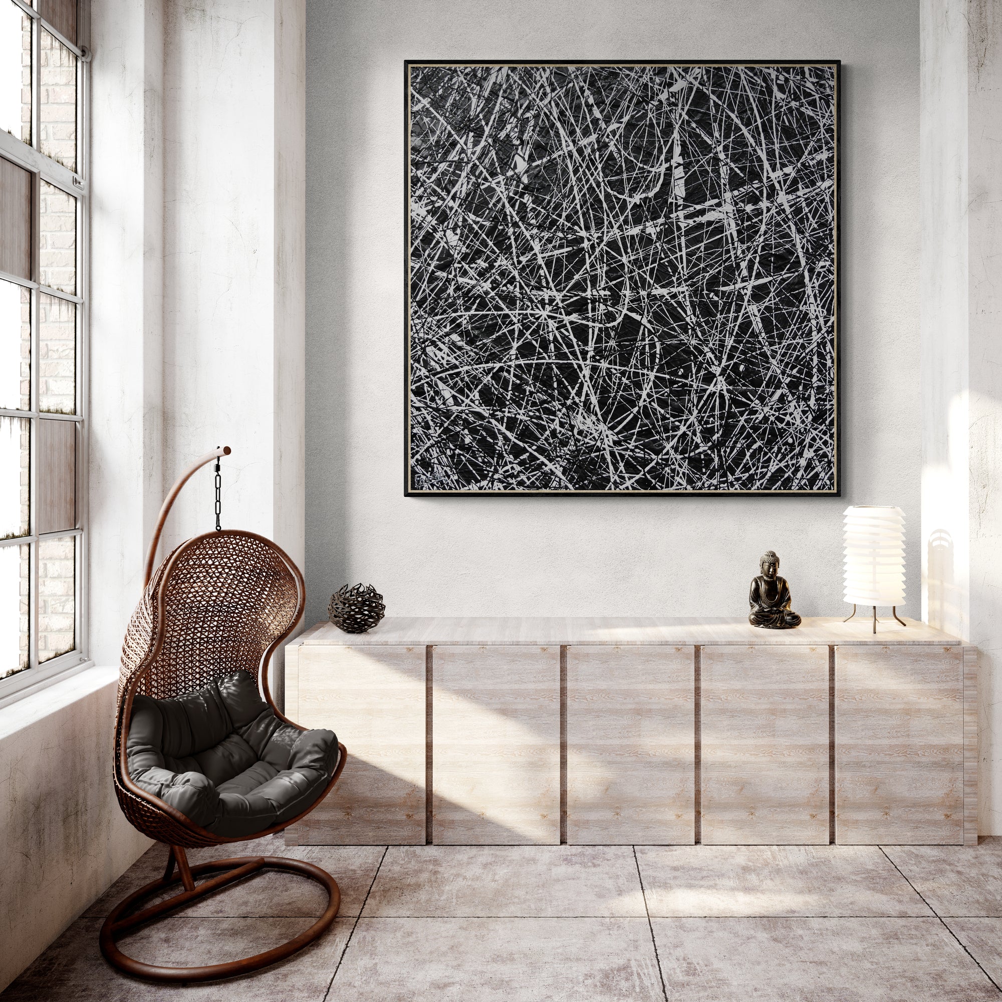 Brainiac 120x120cm Black & White Textured Abstract Canvas Art Painting - Modern Wall Decor for Living Room, Bedroom & Office