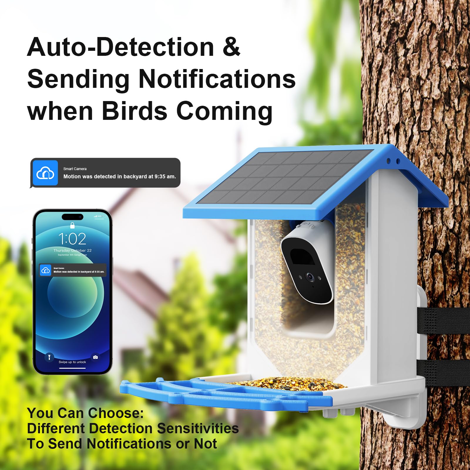 Smart Bird Feeder Camera with Solar Power - 4MP 2.5K HD Wireless Wildlife Camera, 64GB TF Card Included, Auto Bird Detection & AI Recognition for 11000+ Species - Perfect for Backyard Bird Watching, Nature Monitoring & Outdoor Wildlife Photography