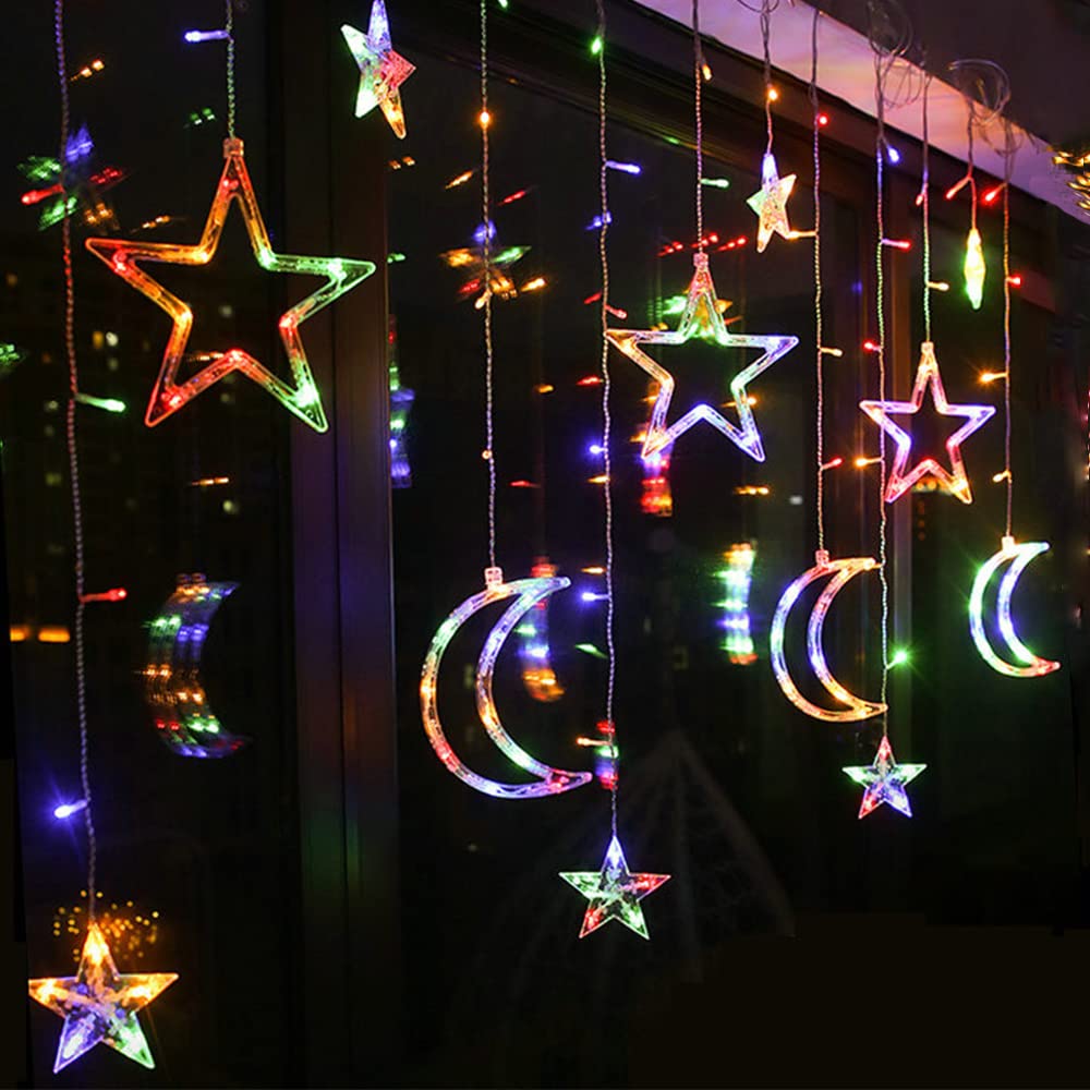 Christmas String Lights - Battery Operated LED Curtain Lights with Moon & Star Design for Ramadan, Bedroom, Dorm, Porch & Patio Decorations | Waterproof Outdoor Party Lights for Wedding, Garden & Holiday Celebrations