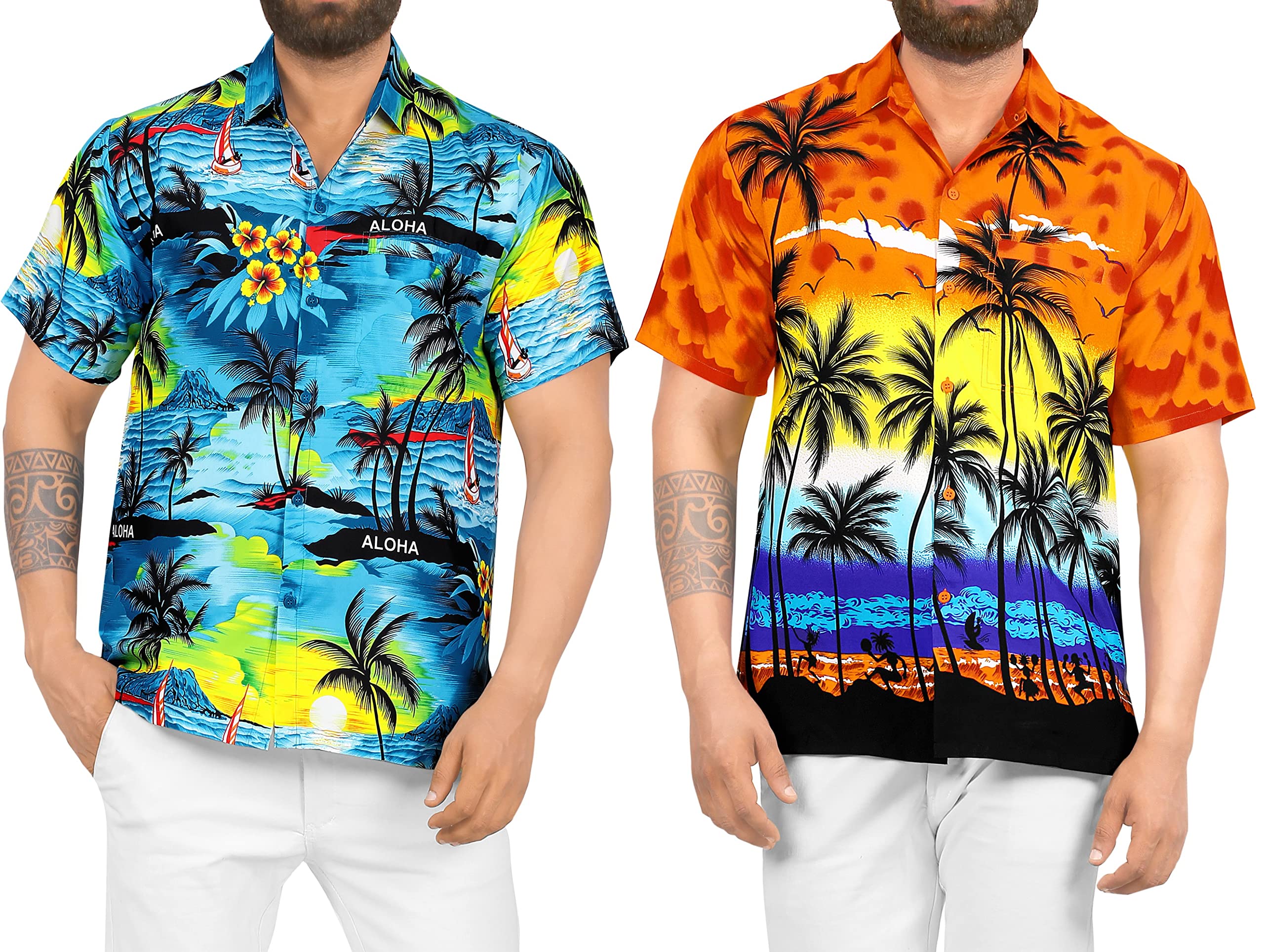 LA LEELA Men's Hawaiian Shirt - Funny Beach Print, Spread Collar, Front Pocket Casual Shirt - XXL Blue & Orange - Perfect for Summer Vacations, Beach Parties & Tropical Getaways