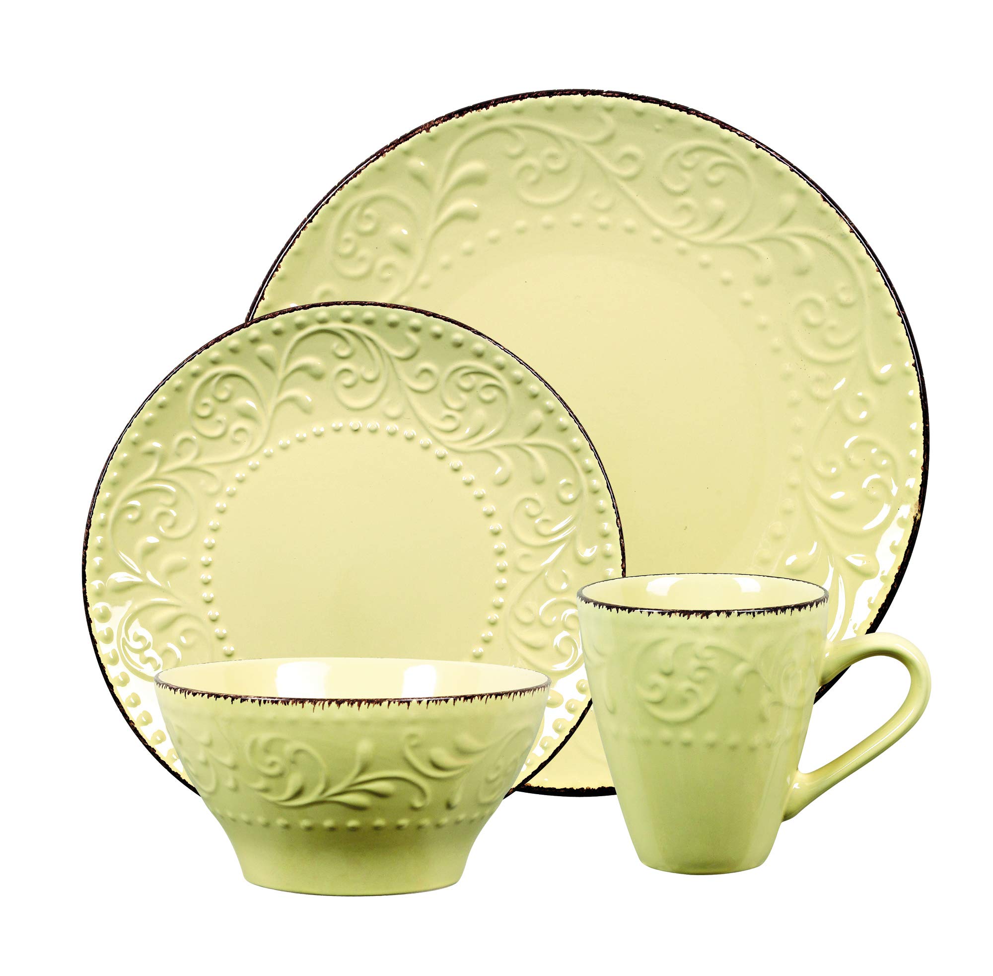 Elegant Modern Stoneware Scroll Dinnerware Set - 16 Piece Yellow Dinner Plates, Bowls & Mugs for Parties, Events & Home Decor | Perfect for Thanksgiving, Christmas & Family Gatherings