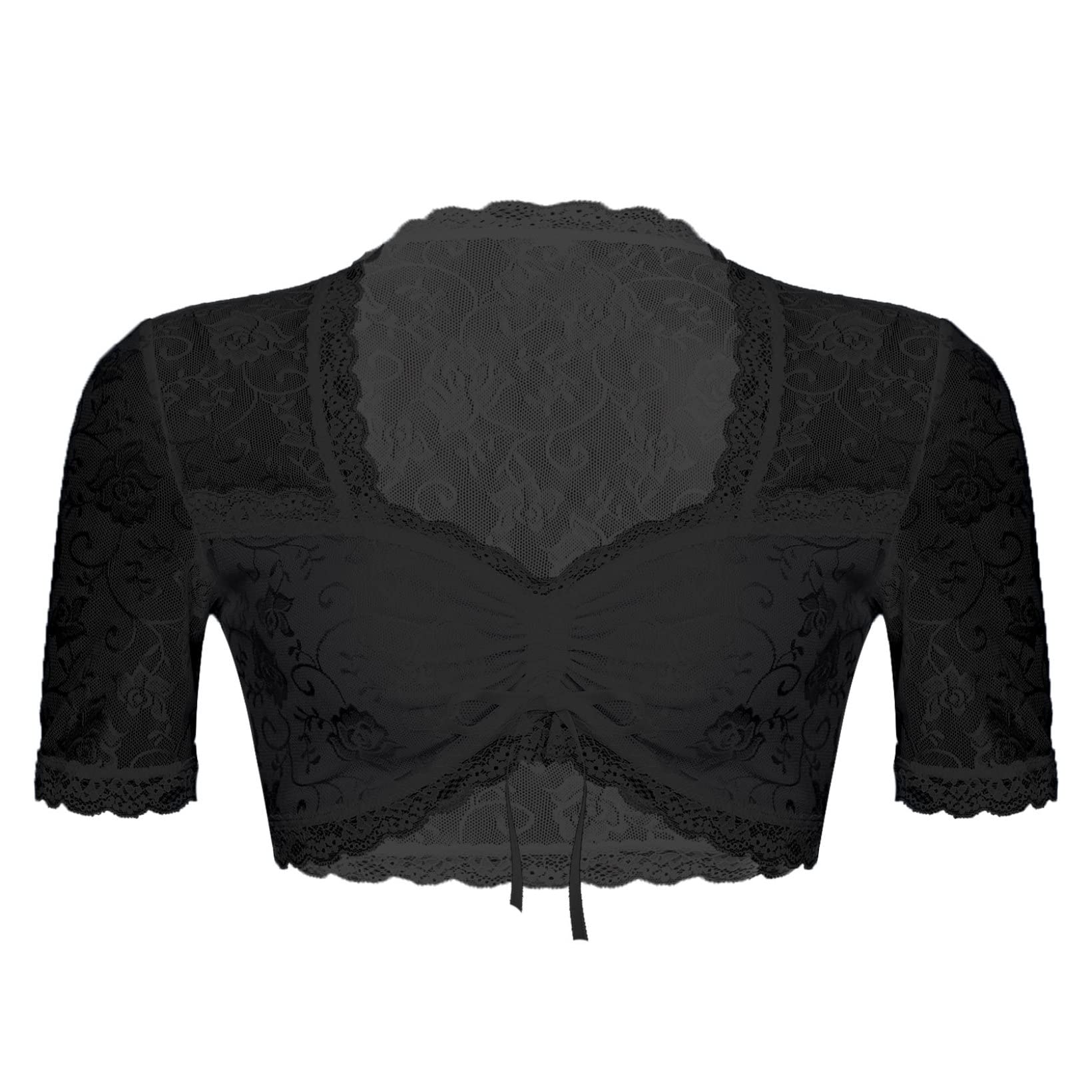 JanJean Women's Sheer Lace Deep V-Neck Half Sleeve Cropped Top - Sexy Pullover Blouse for Party & Date Night - Black Size Medium