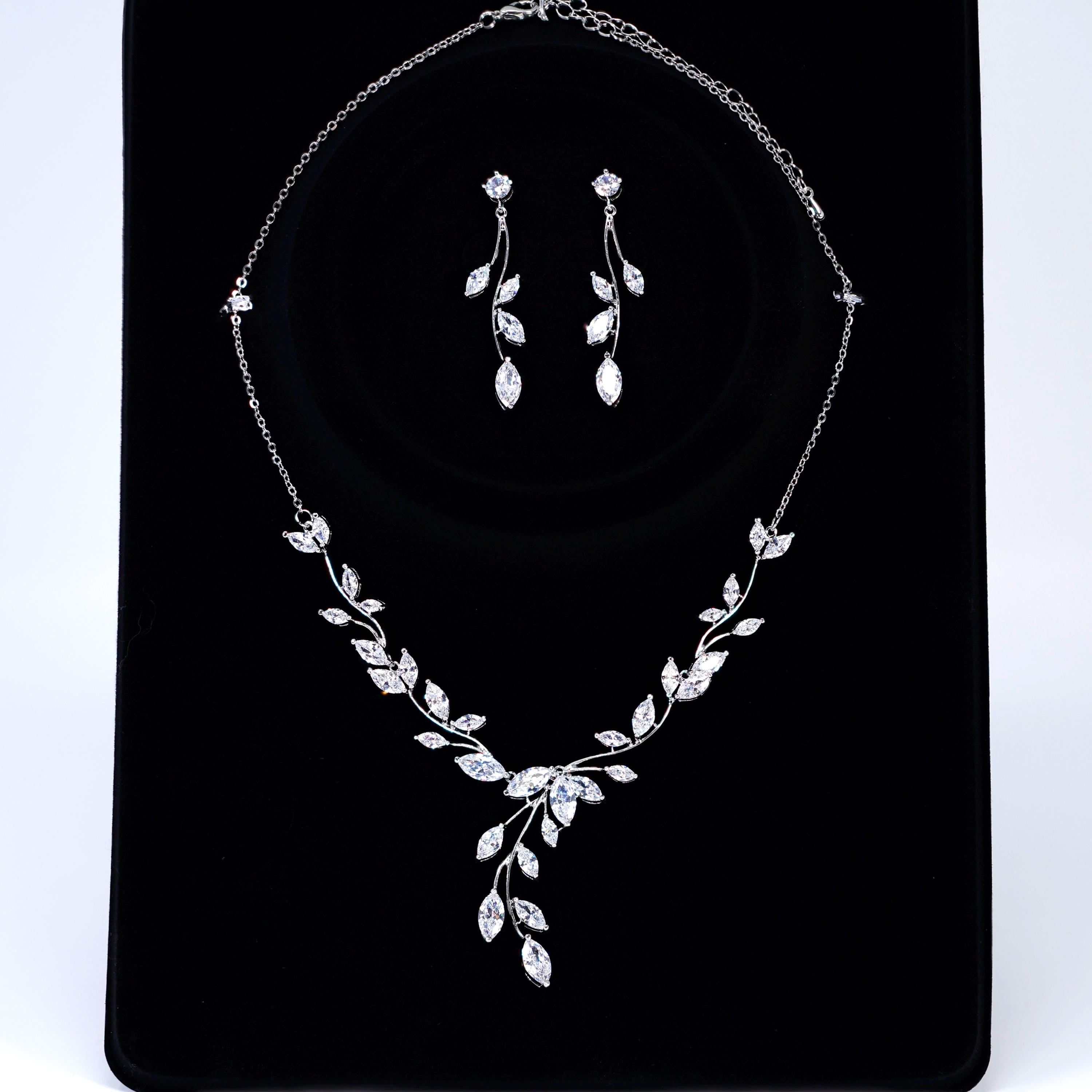 CZ Crystal Leaf Necklace and Earrings Set - Elegant Bridal Jewelry for Weddings, Prom, and Evening Events - Sparkling Statement Piece for Dances and Special Occasions