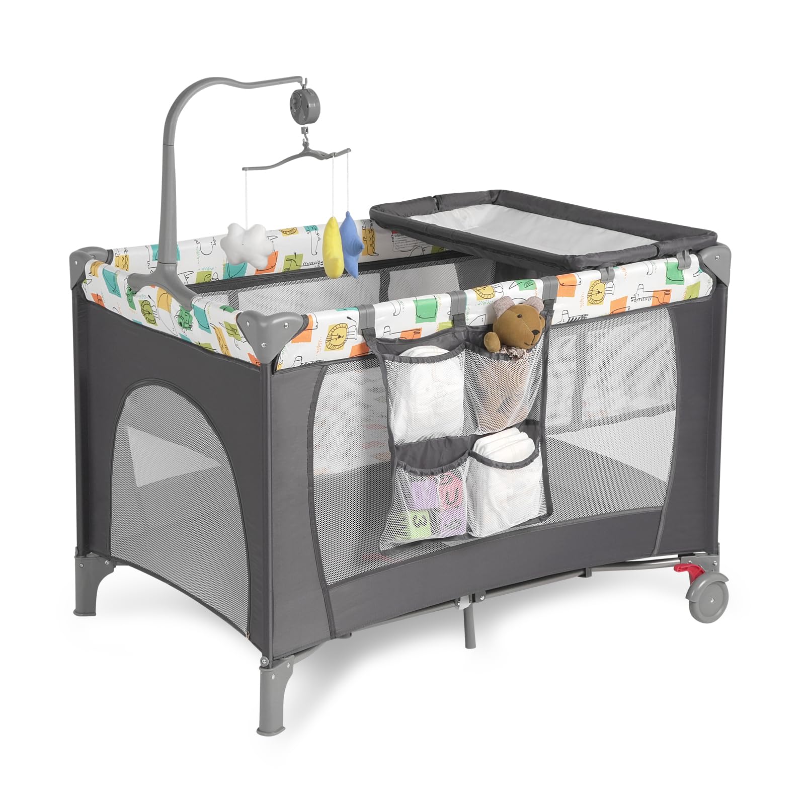 Portable Play and Pack Travel Crib with Changing Table - Breathable Mesh Baby Playpen for 0-36 Months, ASTM Certified | Lightweight & Compact for Travel, Home, Daycare | Includes Carry Bag (C-Cartoon Design)