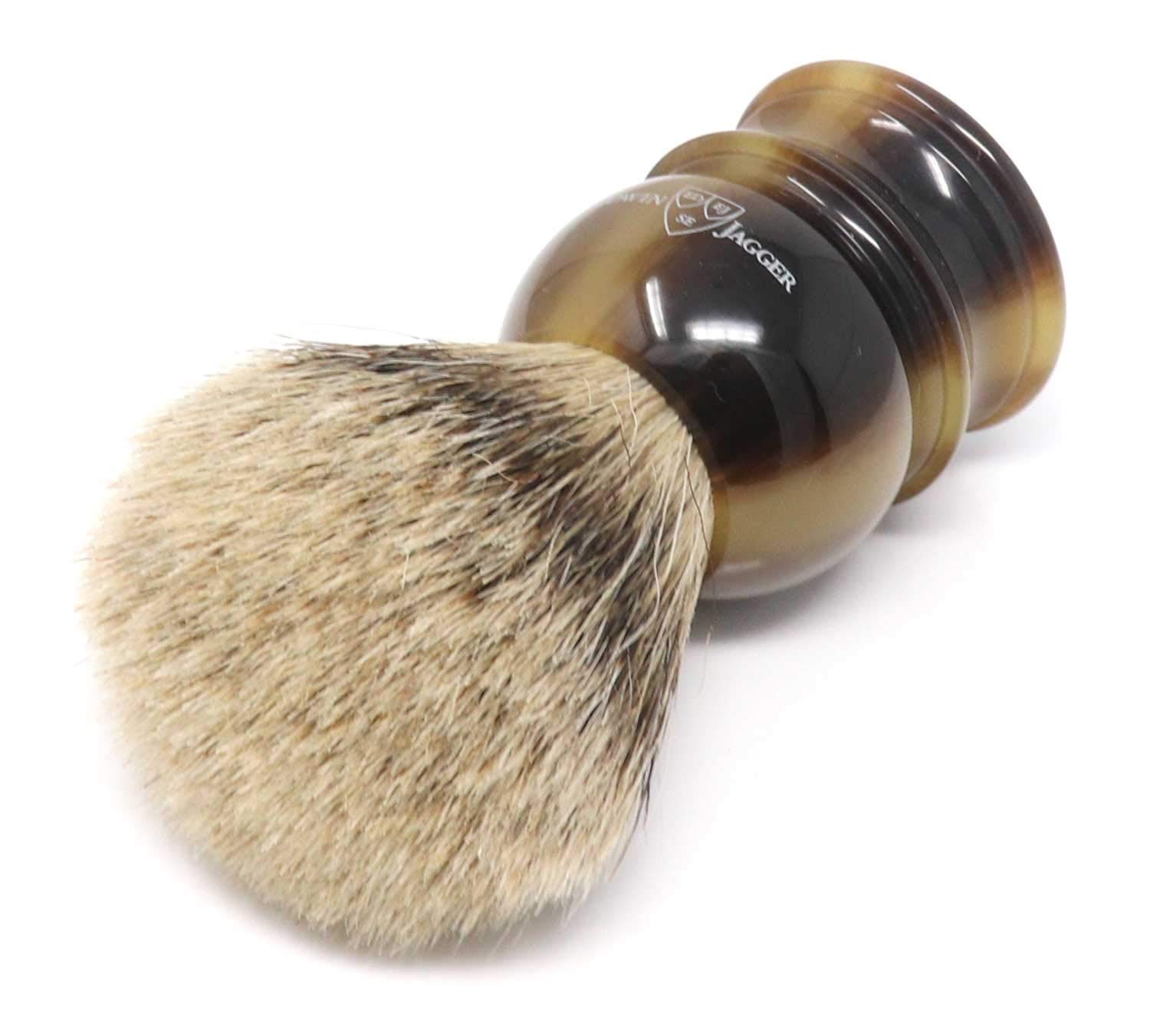 Premium Edwin Jagger Extra Large English Shaving Brush with Silver Tip Badger Hair & Stand (Imitation Horn) - Luxury Wet Shaving Kit for Men, Perfect Gift for Father's Day & Grooming Enthusiasts
