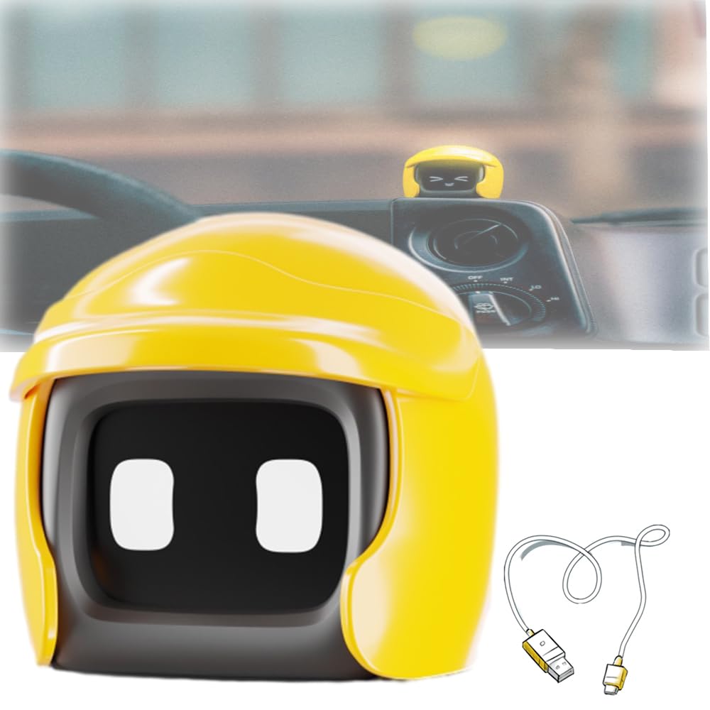 Interactive Poki Car Robot Toy with Cute Helmet - Smart Travel Companion & Dashboard Decor for Cars (Yellow) - Perfect for Road Trips, Kids Playtime & Office Desk Fun