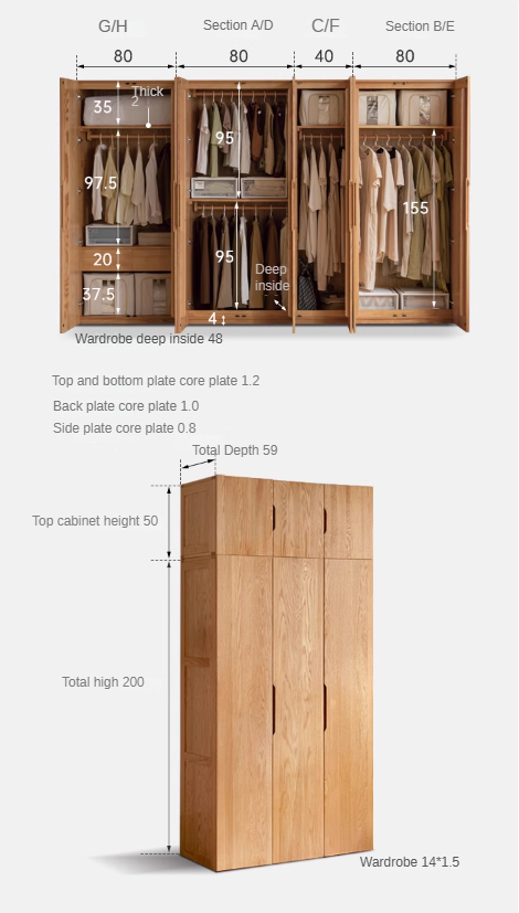 Solid Oak Wood Wardrobe - Premium Quality, Spacious Storage for Bedroom, Closet & Home Organization