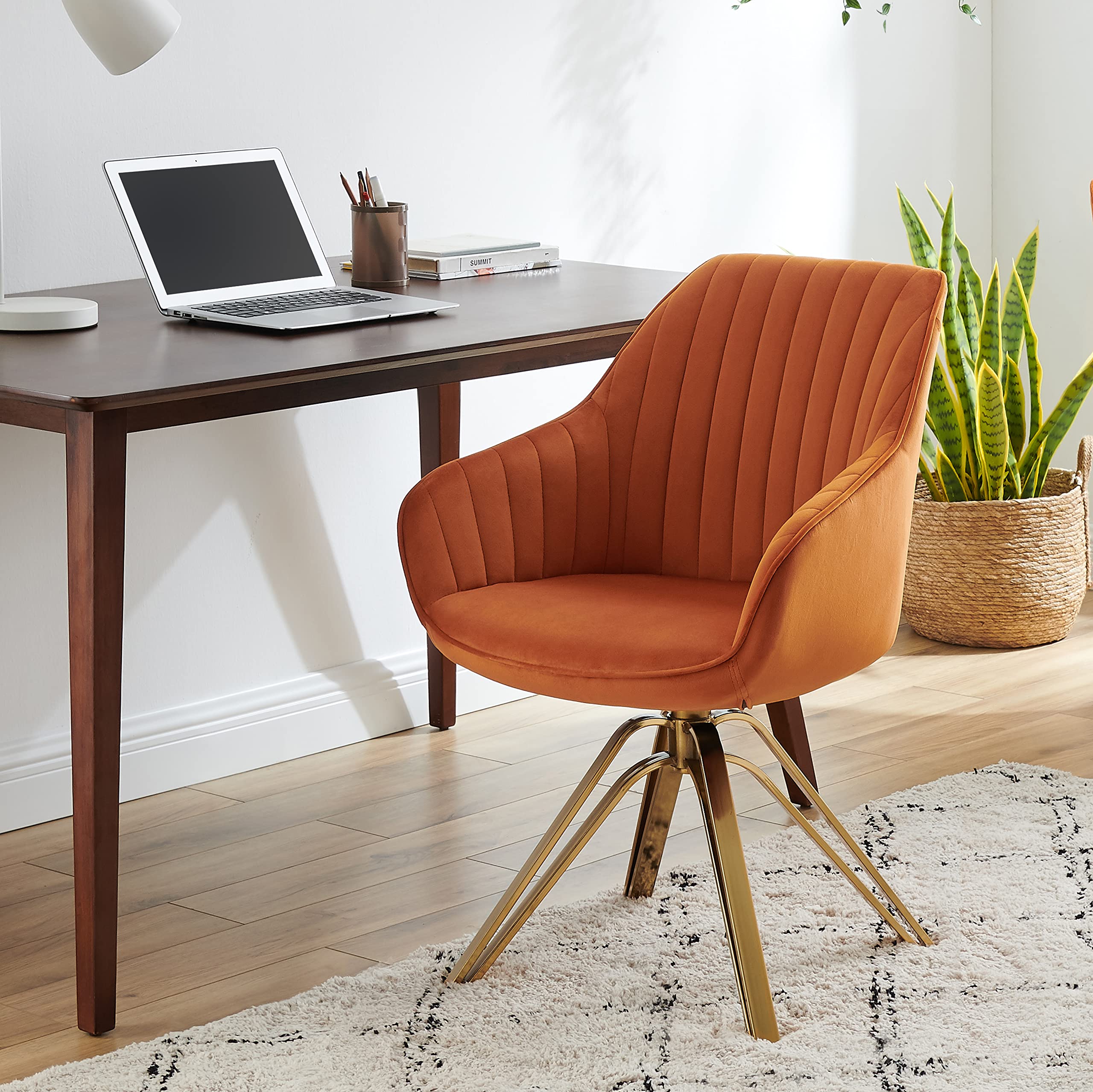 Volans Mid Century Modern Swivel Accent Chair - Hollow Brushed Gold Plated Legs Office Desk Chair for Living Room, Dining Room & Small Spaces - Cinnamon Fabric - Perfect for Home Office, Reading Nook & Lounge Areas