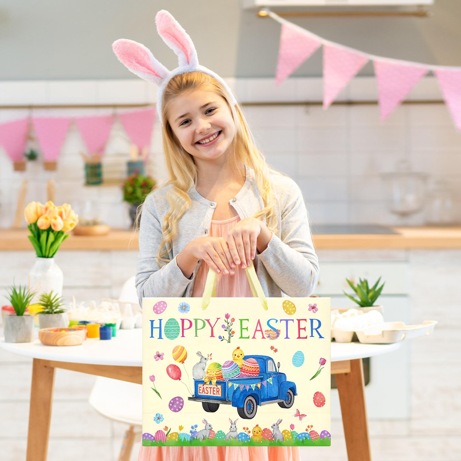 SOCOLER 13 Inch Large Easter Gift Bags with Tissue Paper and Greeting Card - Perfect for Kids Easter Egg Hunts, Party Favors, and Classroom Treats