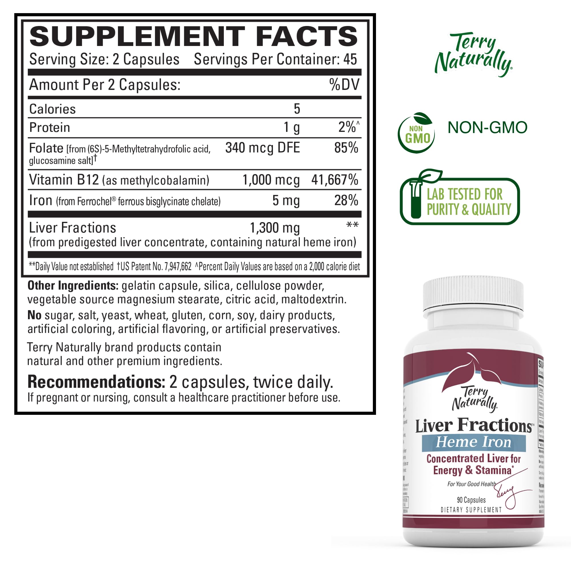 Terry Naturally Liver Fractions - Iron Supplement for Liver Health & Energy Support - 90 Capsules | Supports Healthy Red Blood Cell Formation & Endurance | Gentle Iron Dietary Supplement for Active Lifestyles & Wellness Routines
