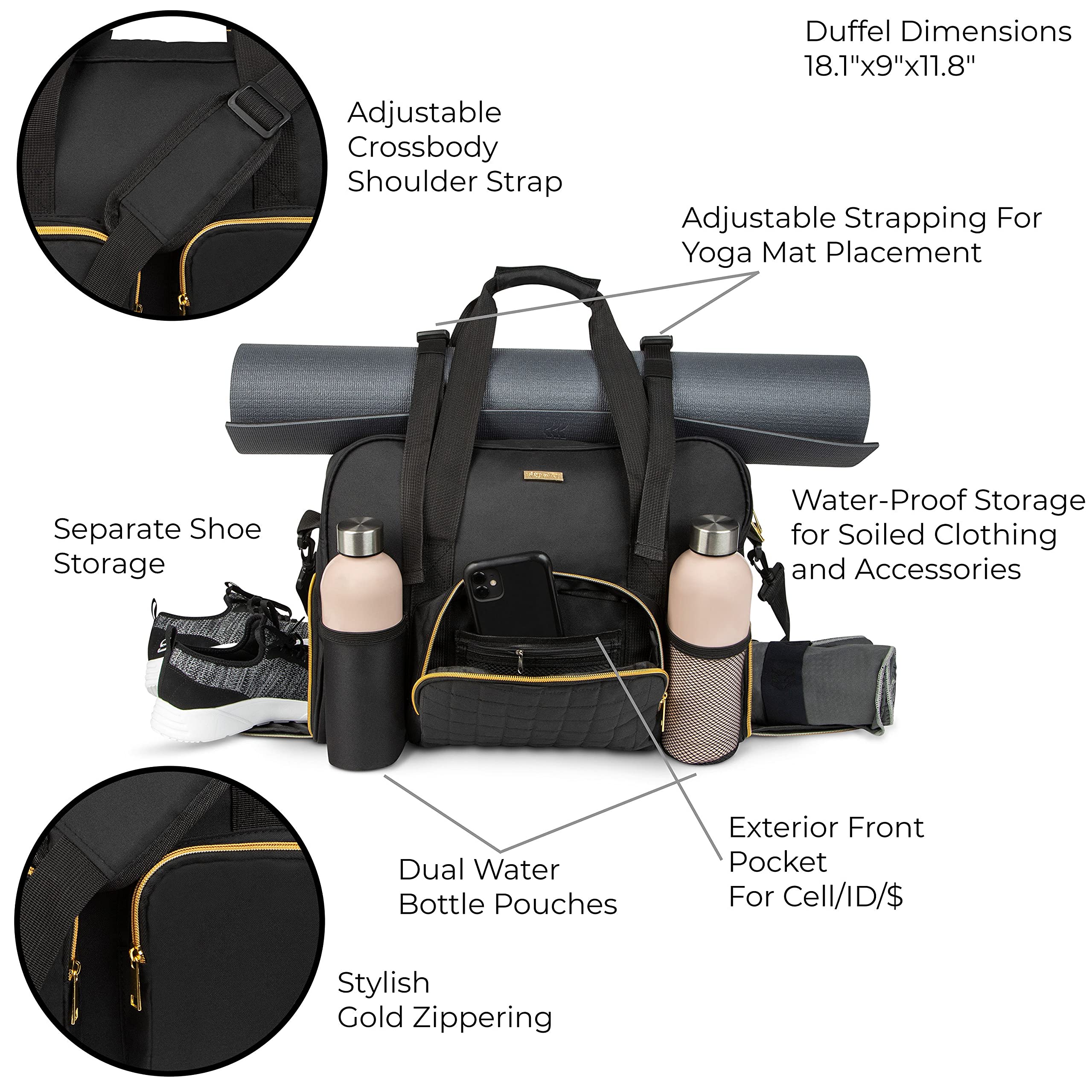 Women's Waterproof Gym Duffel Bag - Large Travel & Weekender Bag with Yoga Mat & Shoe Storage - Carry On Luggage for Fitness, Workouts & Travel (Black, Non-Quilted)