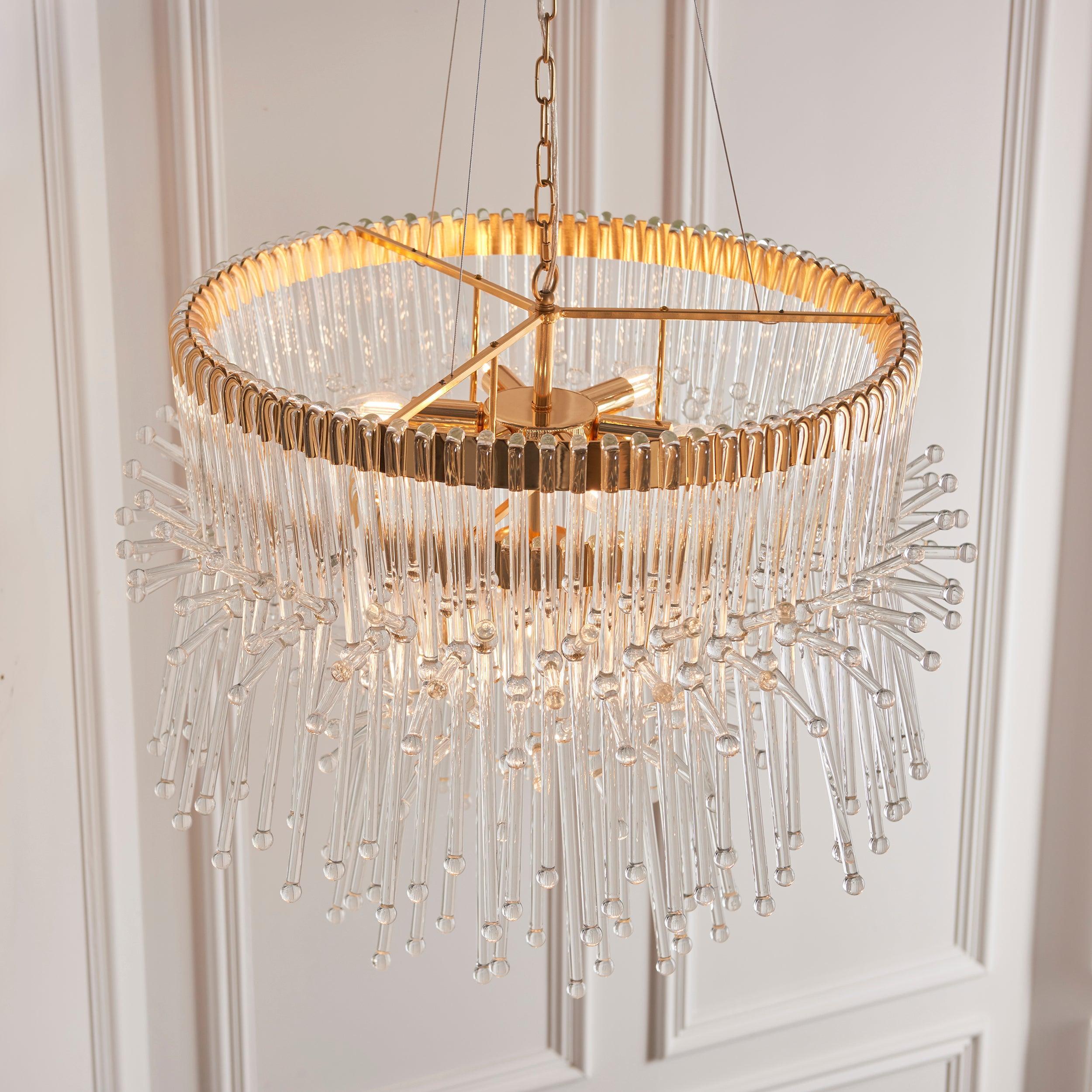 Baronial XL 8-Light Gold Ceiling Pendant with Glass Rods - Elegant Dining Room Lighting for Restaurants and Home Decor