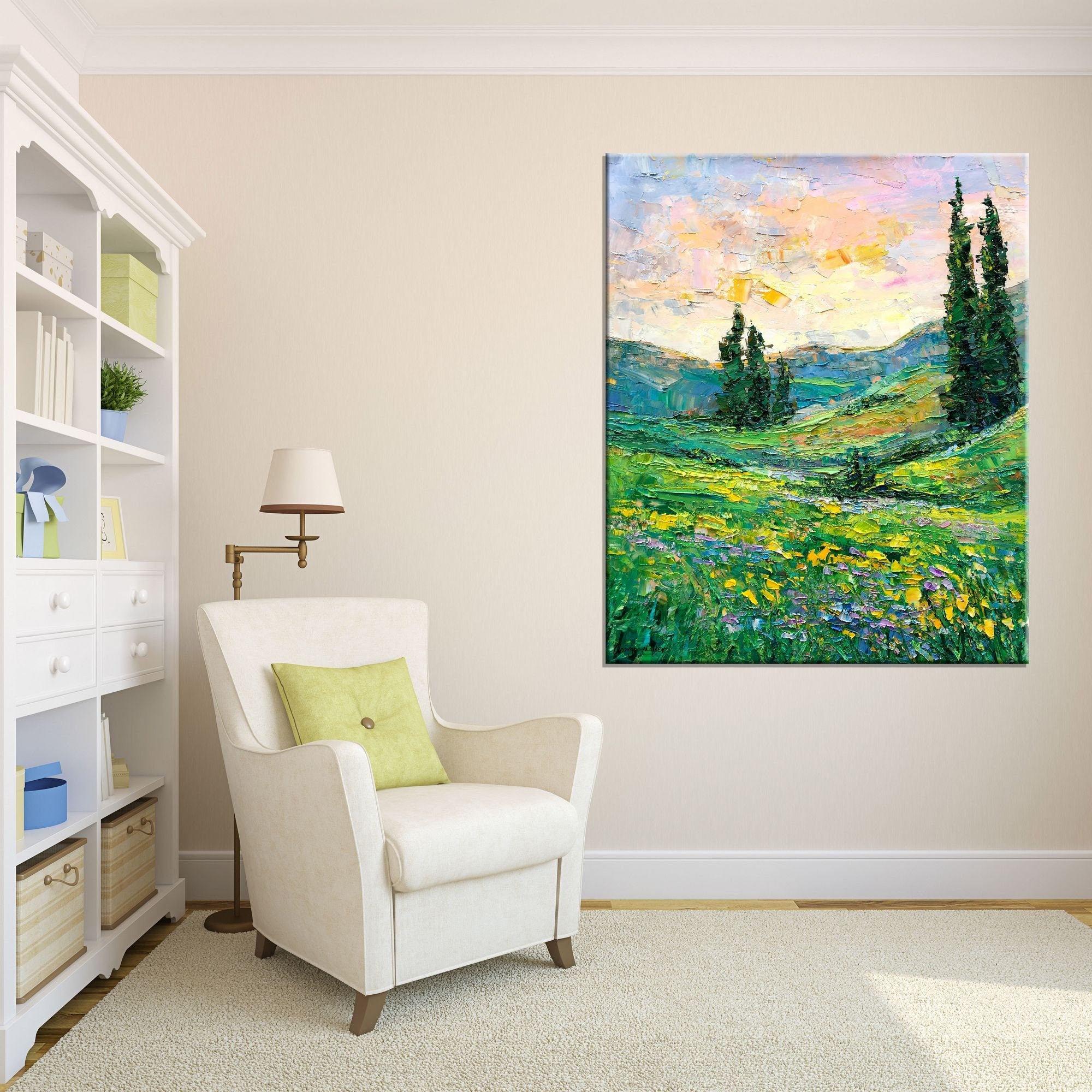 Original Large Oil Painting - Tuscany Spring Landscape, Modern Abstract Art, Handmade Canvas Wall Decor for Living Room, Bedroom & Office