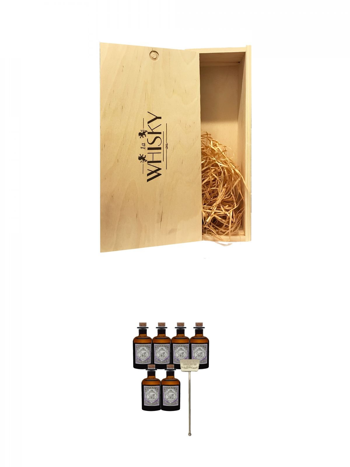 Premium Whiskey Wooden Gift Box for 2 Bottles - Includes 6 Monkey 47 Gin Miniatures & 1 Six Ravens Stirrer - Perfect for Whiskey Lovers, Home Bar Decor & Unique Gifts