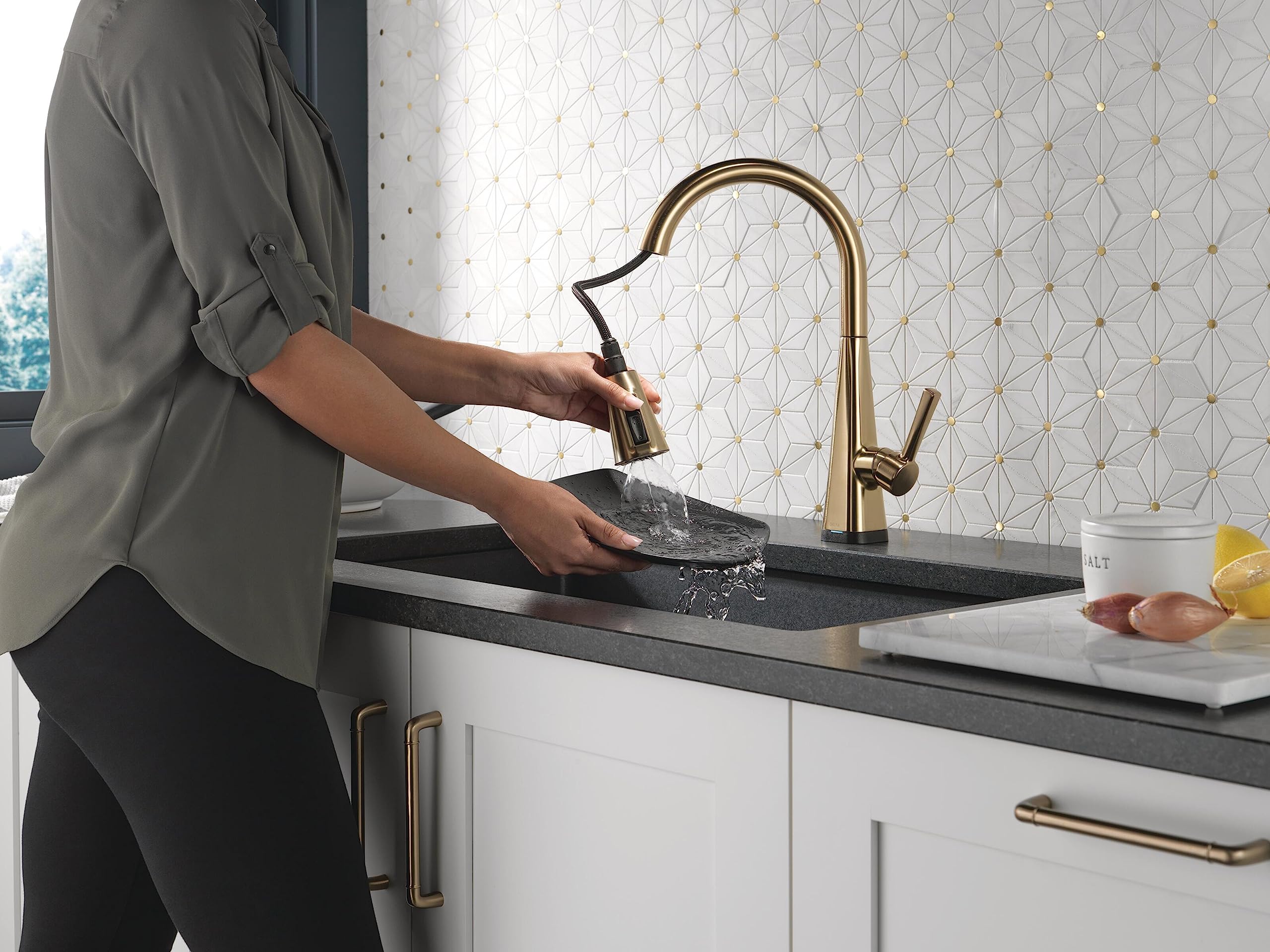 Delta Gold Kitchen Faucet with Touch2O & Soap Dispenser for Modern Sinks