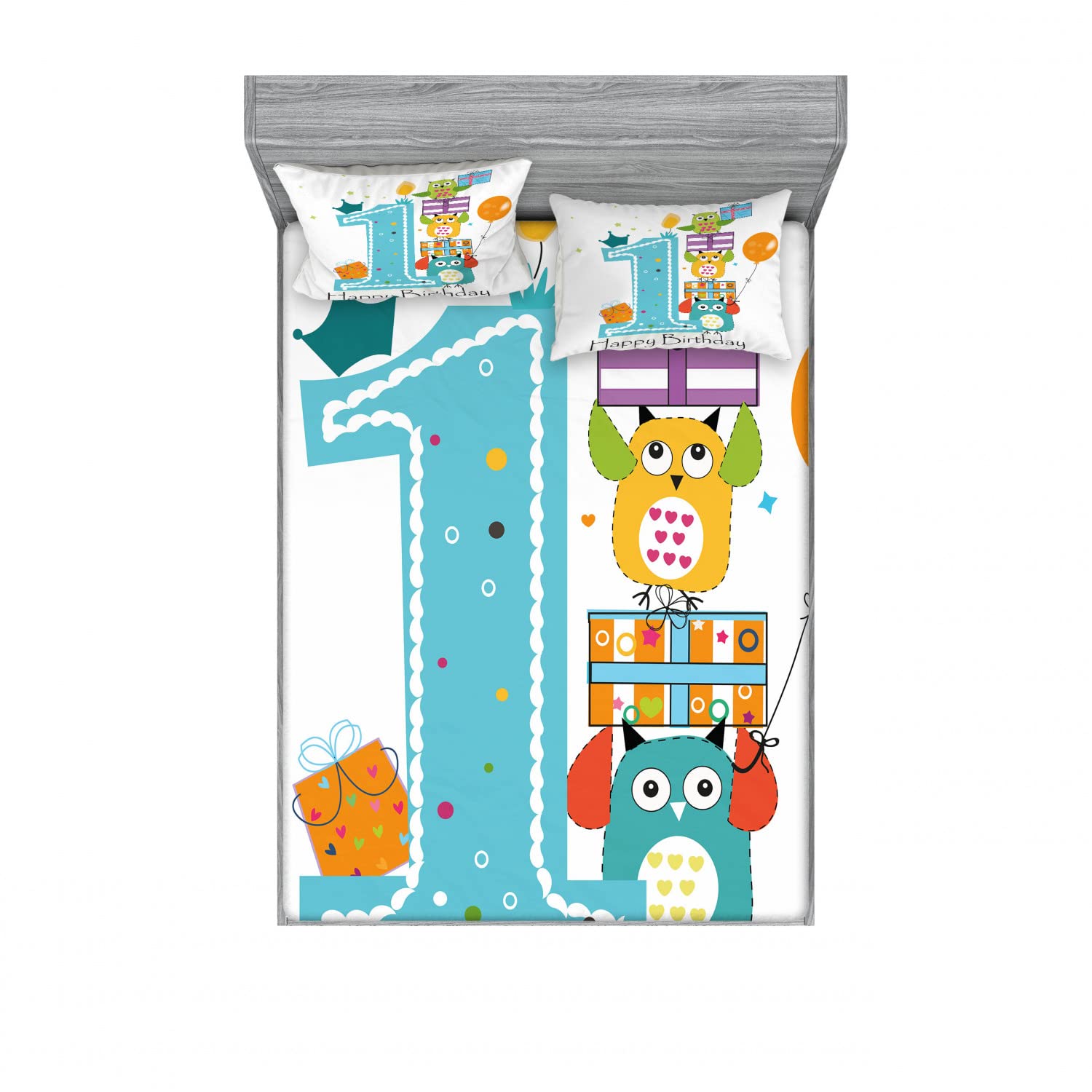 Ambesonne 2-Piece Queen Size Fitted Sheet Set with 4 Pillow Shams - Birthday Cake & Candle Owl Print Bedding Collection in Sky Blue & Orange - Perfect for Kids' Rooms, Birthday Decorations and Themed Bedroom Makeovers