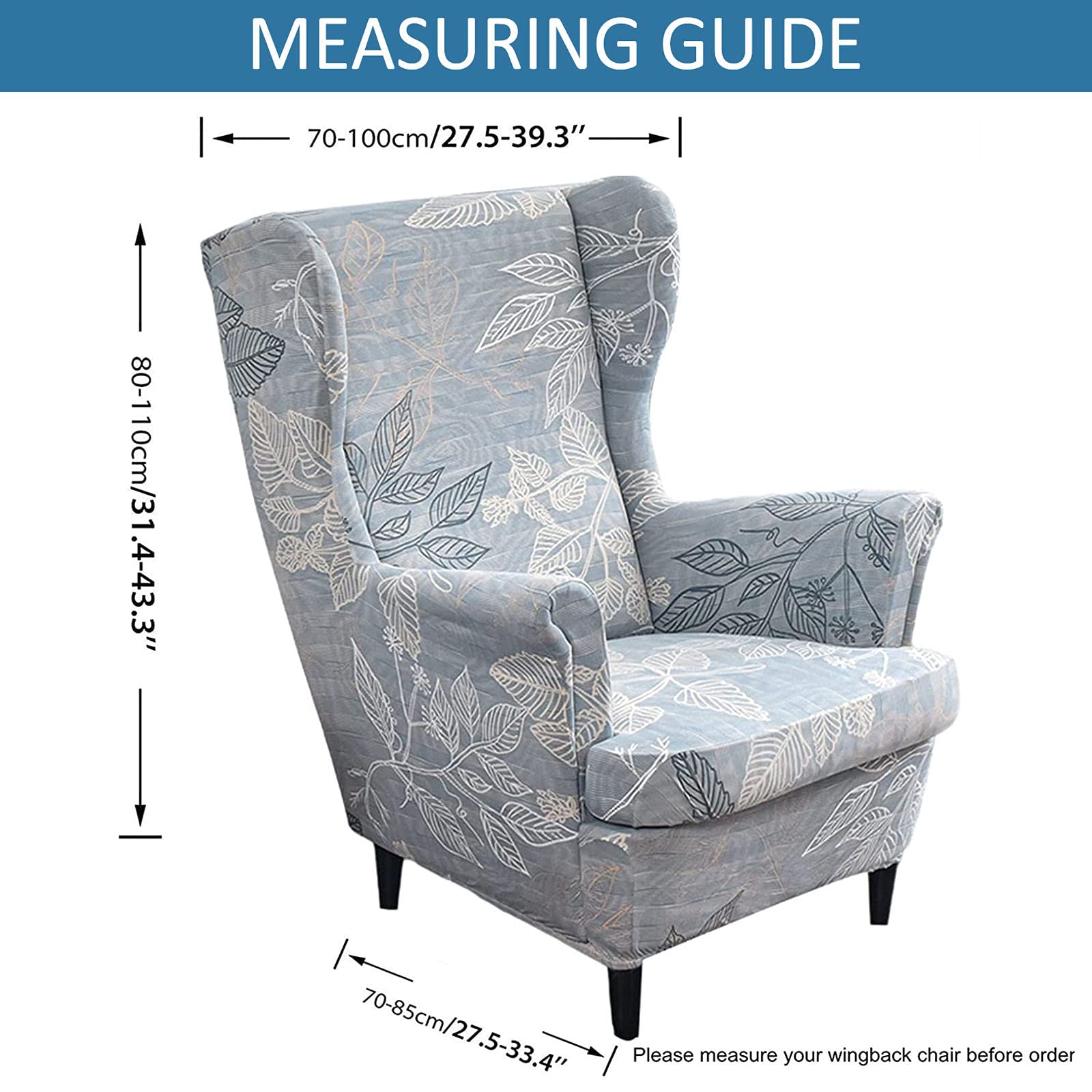 Printed Stretch Wing Chair Slipcover 2-Piece Set - Soft Spandex Wingback Chair Covers Washable & Removable - Perfect for Living Room, Bedroom, or Office Decor