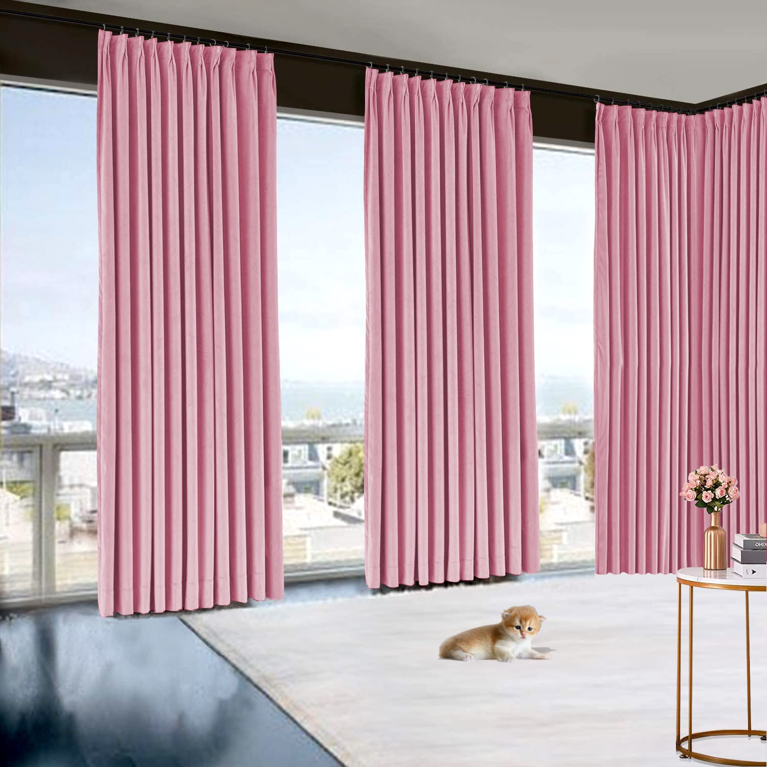 Double Pinch Pleat Blackout Curtains - Extra Long 168 Inch Solid Drapes for 2 Story Windows, Theater Room, Office & Room Dividers - Soft Polyester Fabric (Baby Pink, 60