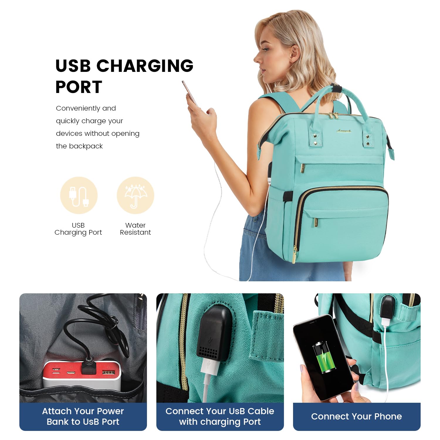 LOVEVOOK 15.6 Inch Waterproof Anti-Theft Laptop Backpack for Women - College, Work & Travel - Perfect for Students, Teachers & Nurses - Durable Green Backpack for Daily Commute & Business Trips