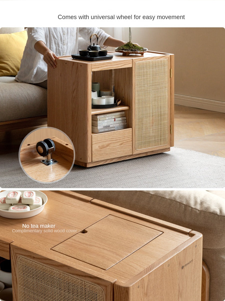 Solid Oak and Ash Wood Tea Maker Mobile Side Cabinet - Portable Side Table for Living Room, Bedroom, or Office