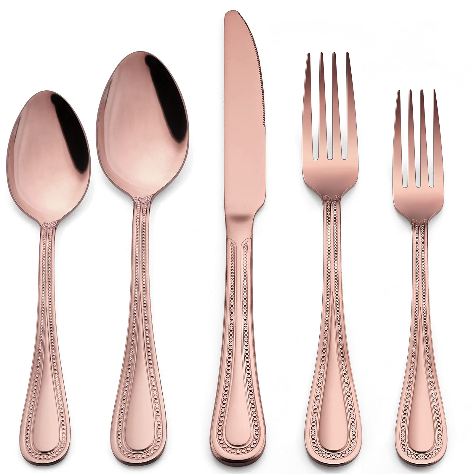 20-Piece Copper Silverware Set for 4 - Stainless Steel Flatware Cutlery with Pearled Edge - Knives, Spoons & Forks - Dishwasher Safe - Perfect for Home, Kitchen & Restaurant Dining