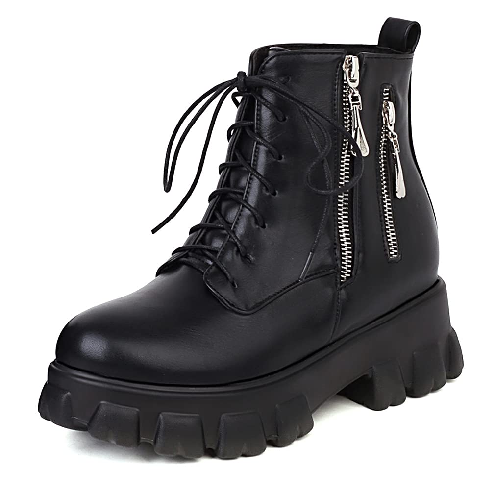 Furcross Women's Punk Goth Platform Ankle Boots - Black Zipper Combat Boots for Motorcycle, Outdoor & Fashion Wear | Stylish & Edgy Footwear for Concerts, Parties & Everyday Outfits