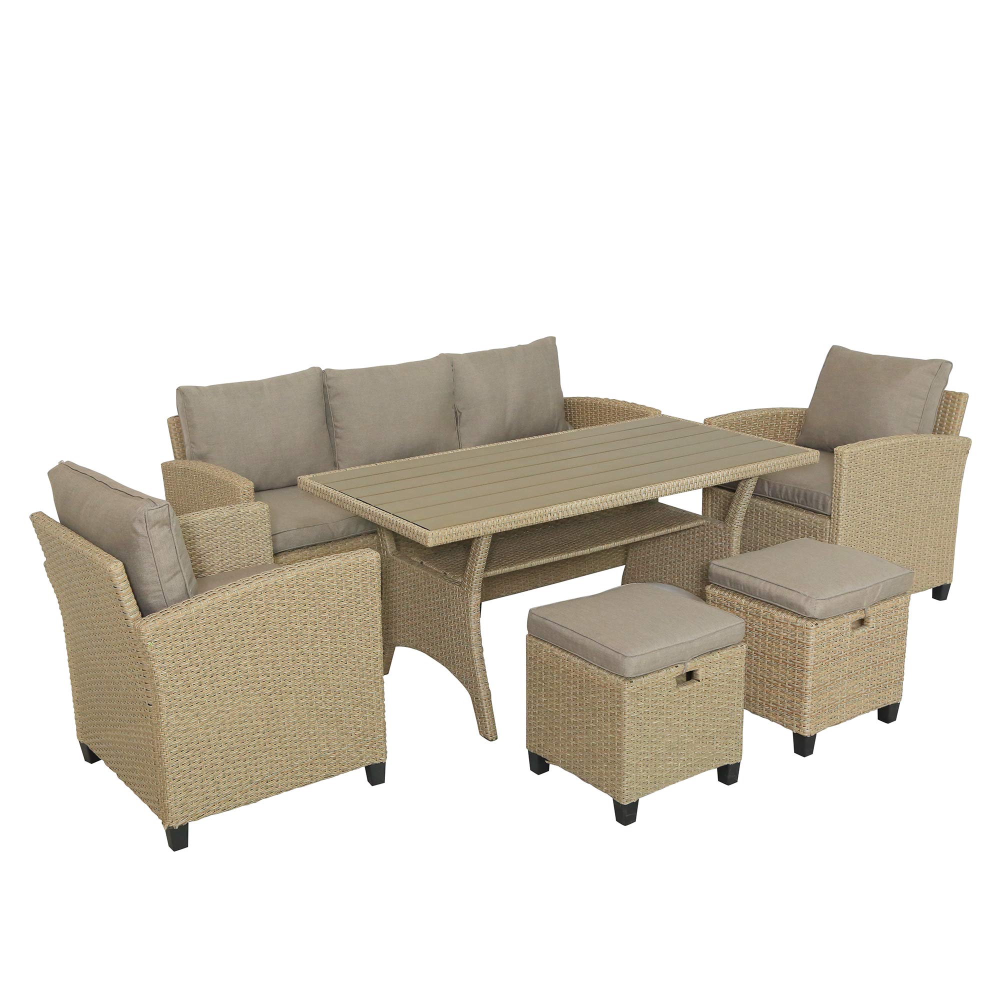 All-Weather 6-Piece Outdoor Dining Table Set with Rattan Wicker Sofa, Wood Table & Stools - Brown Patio Furniture for Garden, Backyard, and Poolside Relaxation