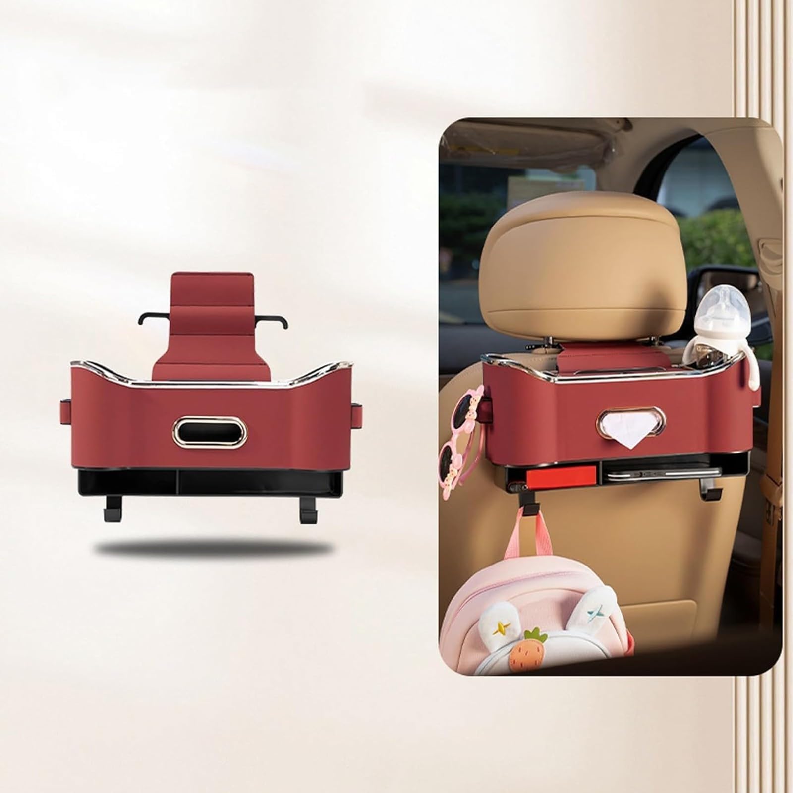 Multifunctional Car Seat Back Storage Organizer with Hooks - Red Auto Seatback Organizer for Tissue Box, Toys & Essentials - Perfect for Road Trips, Family Travel & Daily Commute