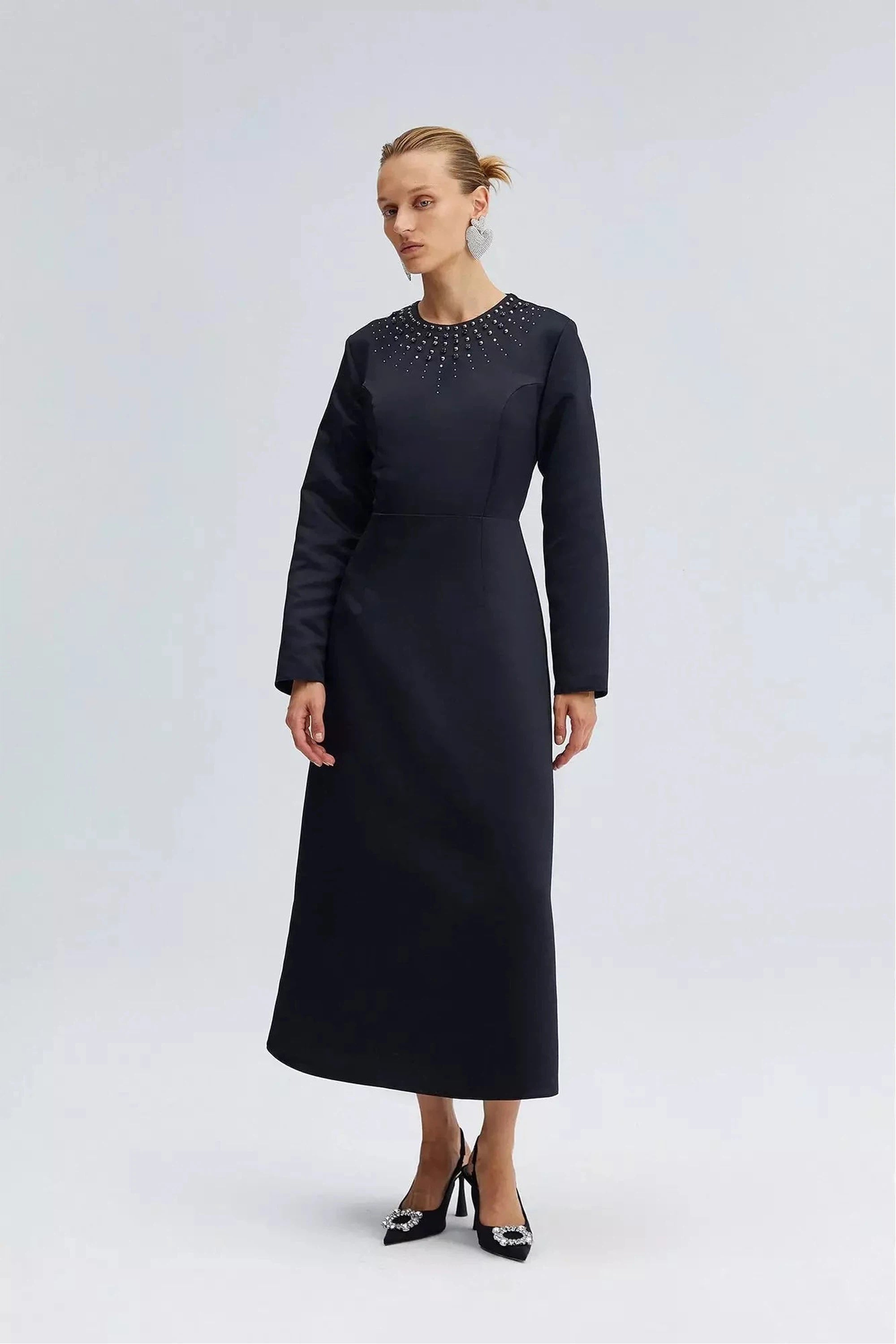 Elegant Satin Midi Dress with Rhinestones - Women's Formal Evening Gown for Parties, Weddings & Special Occasions