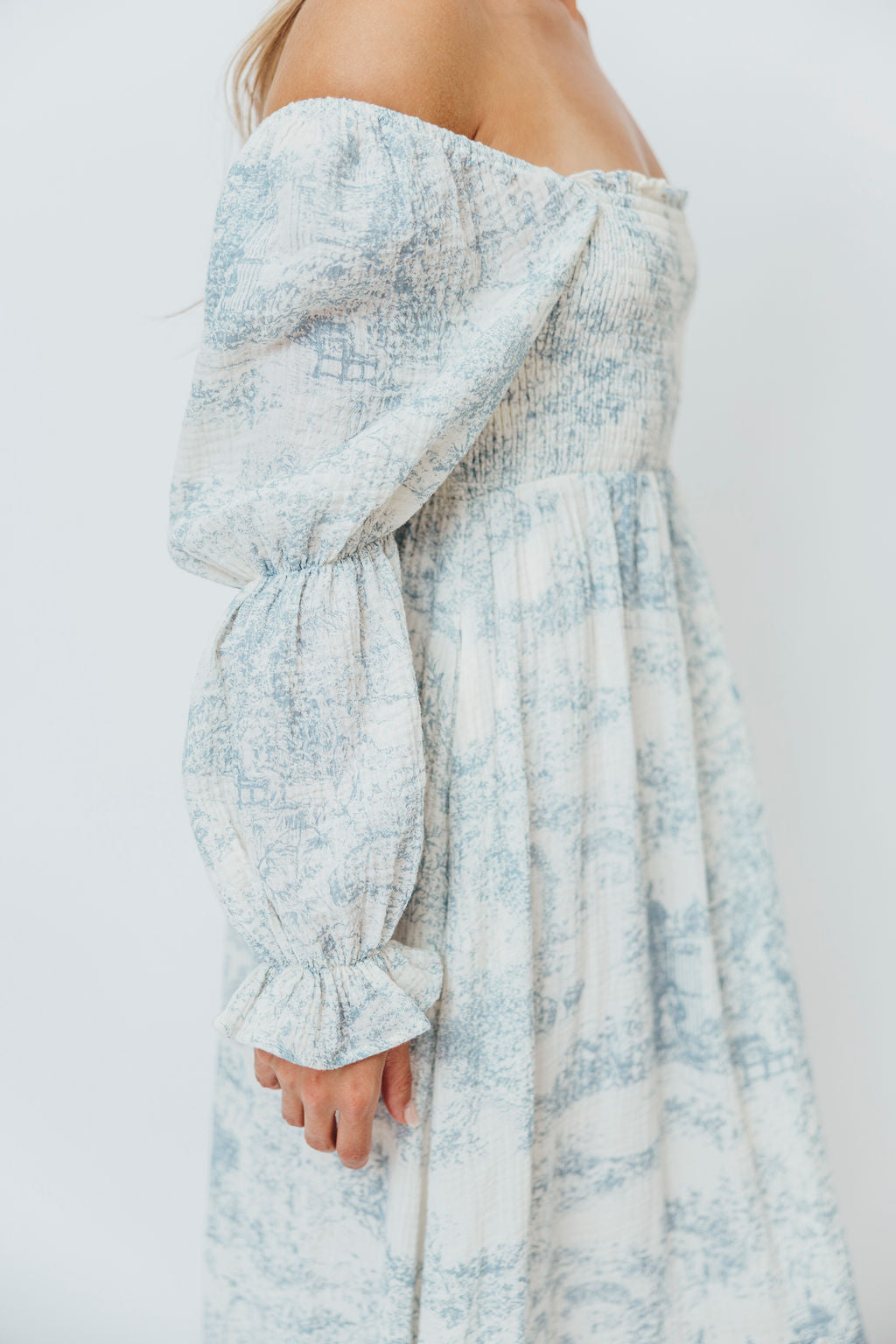 Emerson 100% Cotton Smocked Maxi Dress with Long Sleeves - Blue Toile Floral Print Maternity Bump Friendly | Perfect for Pregnancy, Nursing, Baby Showers & Special Occasions