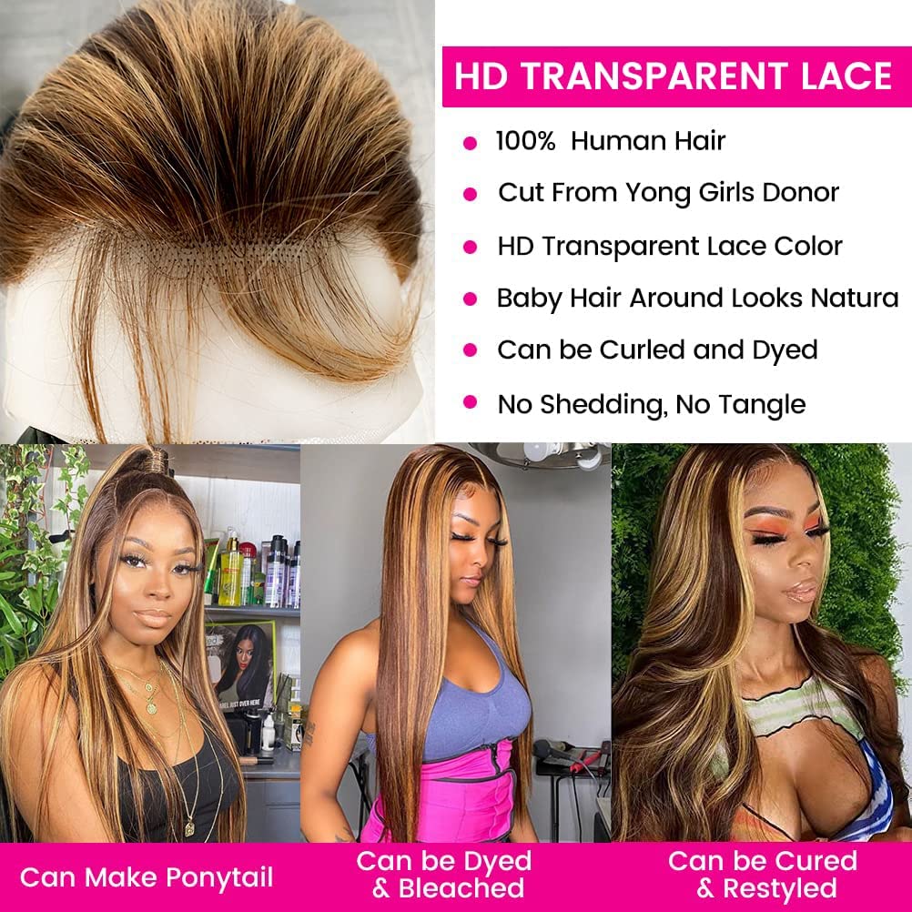 13x4 Highlight Straight 4/27 Ombre HD Transparent Lace Front Wig - 200% Density Brazilian Human Hair with Baby Hair for Black Women (24inch, 4/27-Straight) | Pre-Plucked Natural Look for Daily Wear, Parties & Special Occasions