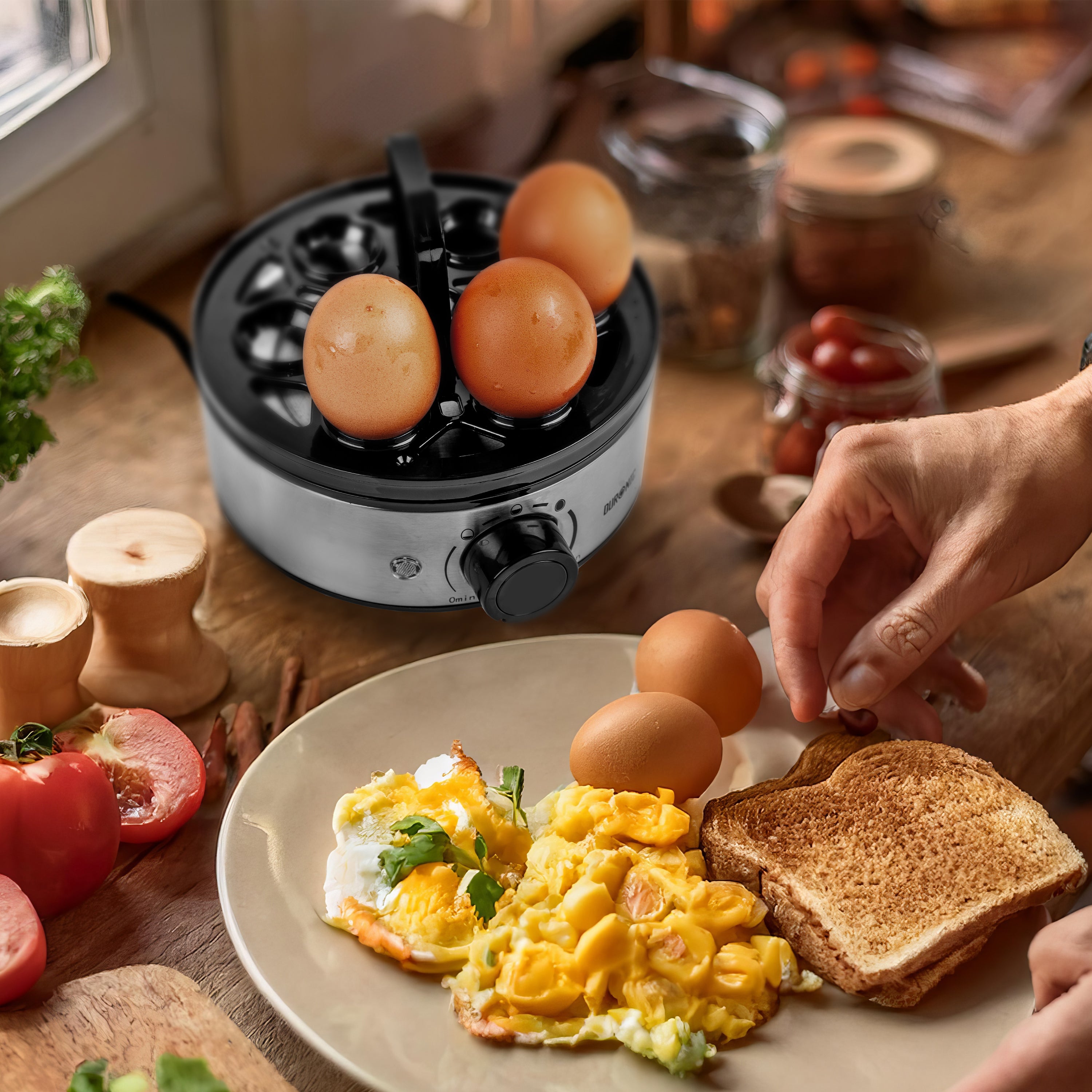 Duronic EB50 Electric Egg Boiler - 400W Egg Cooker with Poacher Tray | 7 Egg Capacity | 3 Cooking Modes (Soft/Medium/Hard) | Auto Shut Off | Perfect for Breakfast, Meal Prep & Healthy Snacks