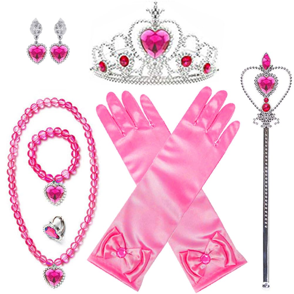 **Princess Aurora Costume Set for Girls - Gloves, Tiara, Necklace, Wand, Earrings, Bracelet & Ring - Halloween & Christmas Dress Up, Cosplay, Birthday Party Gifts**