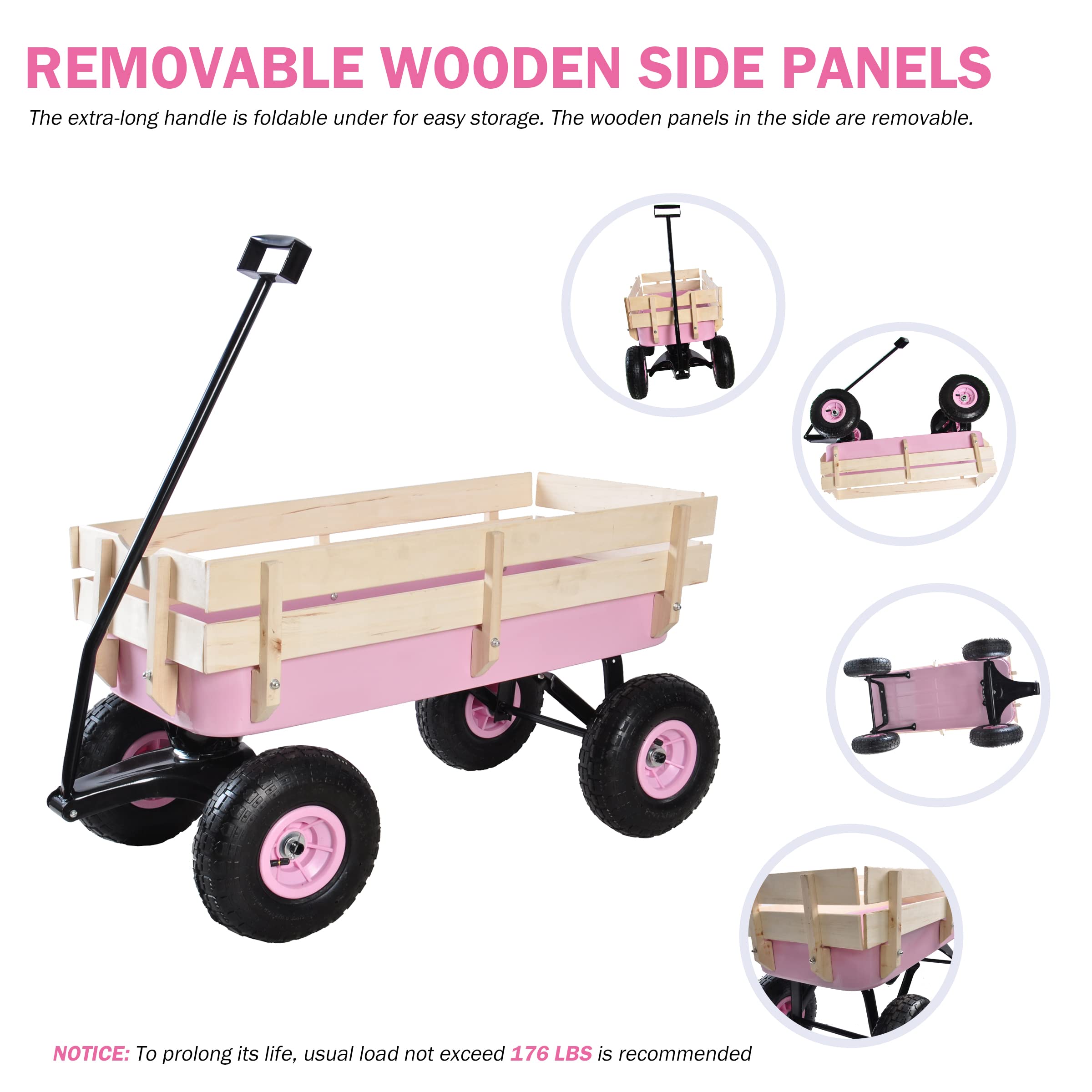 Heavy Duty Steel Wooden Side Support Cargo Wagon with 10” All-Terrain Air Tires - 176lb Capacity Foldable Garden Cart for Kids Toys, Gardening Supplies, Beach Gear & Home Projects (Pink) | Perfect for Outdoor Adventures, Yard Work & Family Fun