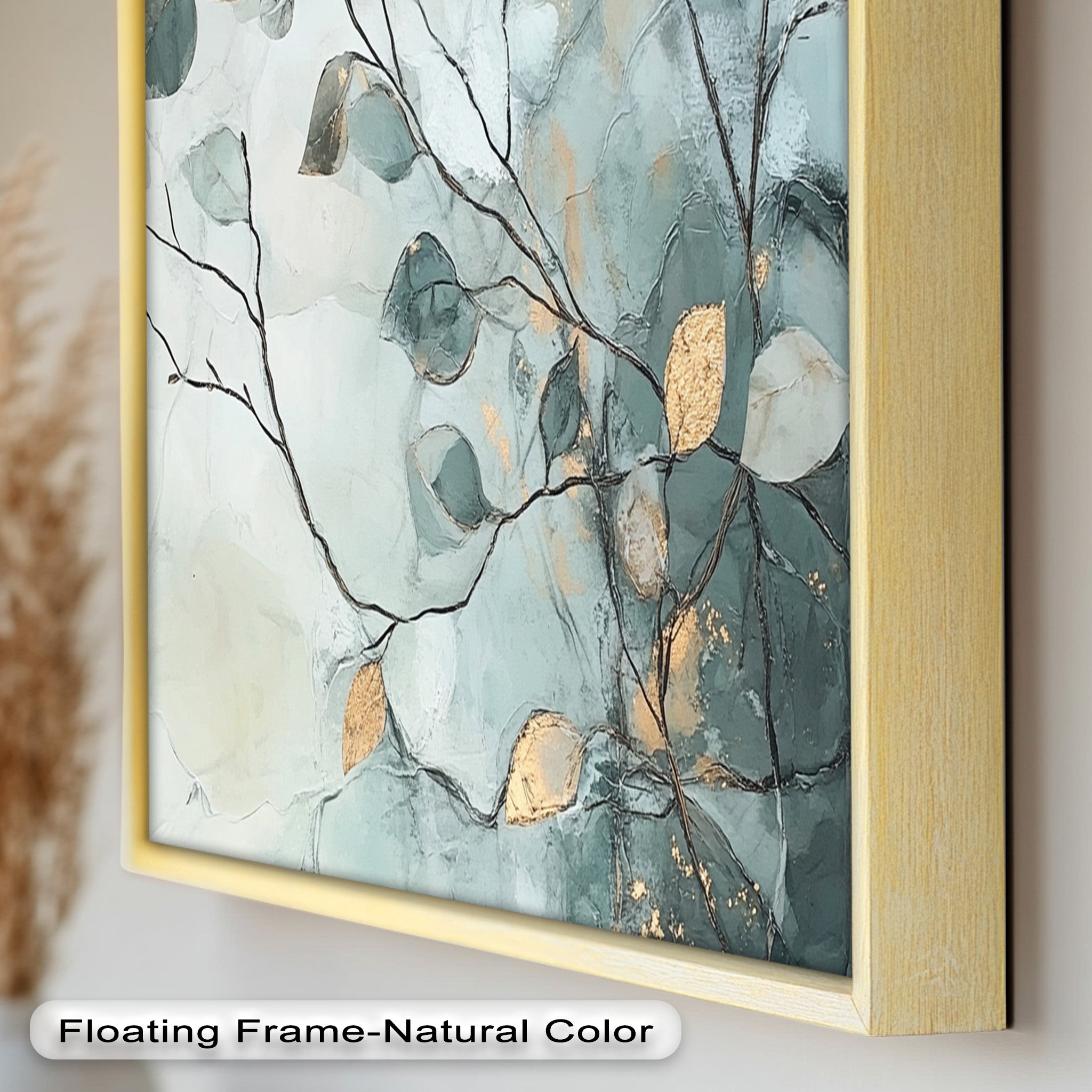 Blue and Metallic Leaf Branch Abstract Oil Painting - Handmade Canvas Wall Art for Living Room, Bedroom & Office Decor