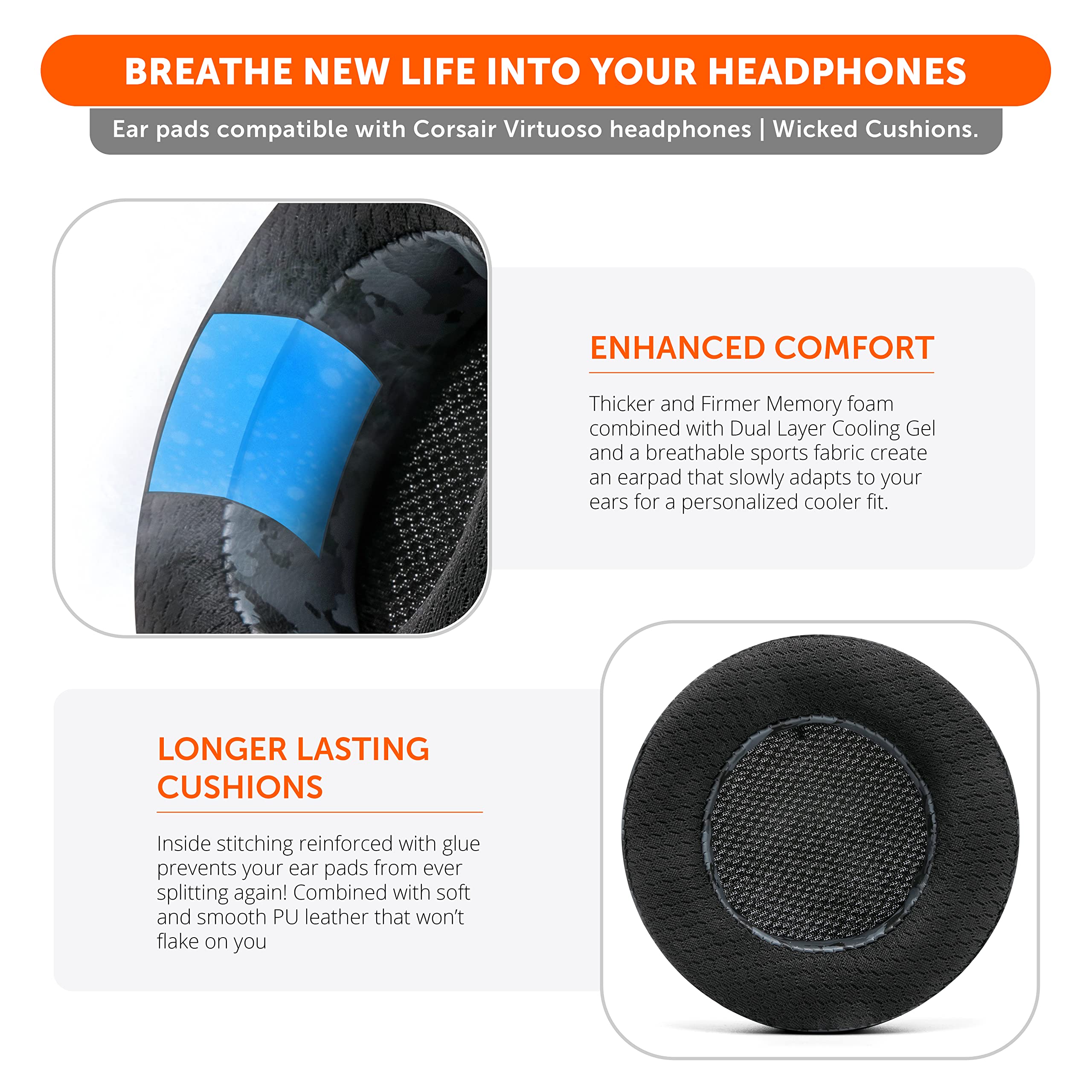 Wicked Cushions WC Freeze Virtuoso Cooling Gel Earpads for Corsair Virtuoso Gaming Headset - Hybrid Fabric, Enhanced Durability, Noise Isolation, Black Camo Design | Perfect for Long Gaming Sessions & Hot Climates