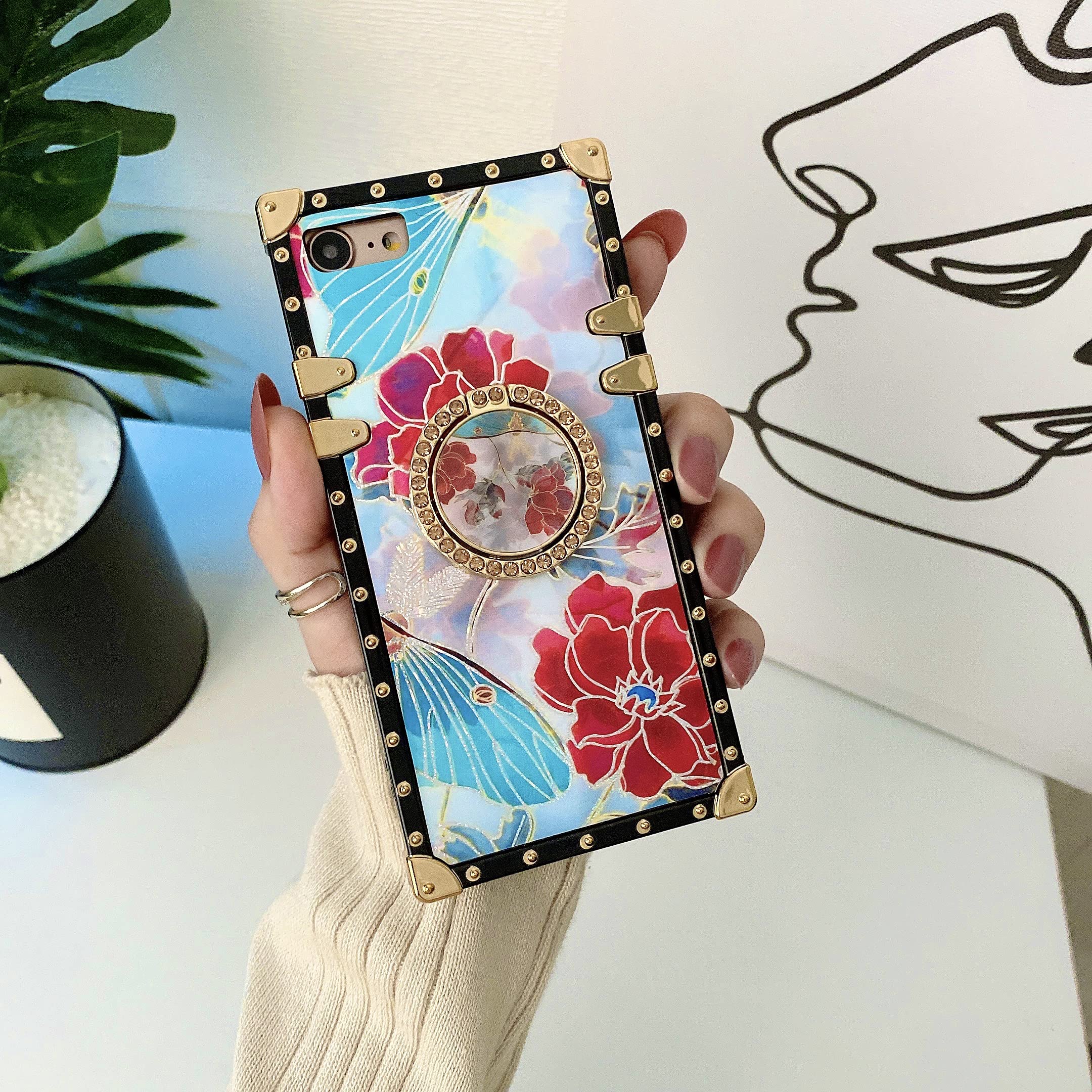 2 Pack Bling Phone Ring Holder - Metal Phone Grip & Kickstand for Magnetic Car Mount - Compatible with iPhone 14 Pro Max/13 Pro/Galaxy S22 Ultra & More - Butterfly Flower Pink & Red - Perfect for Driving, Selfies & Secure Phone Handling