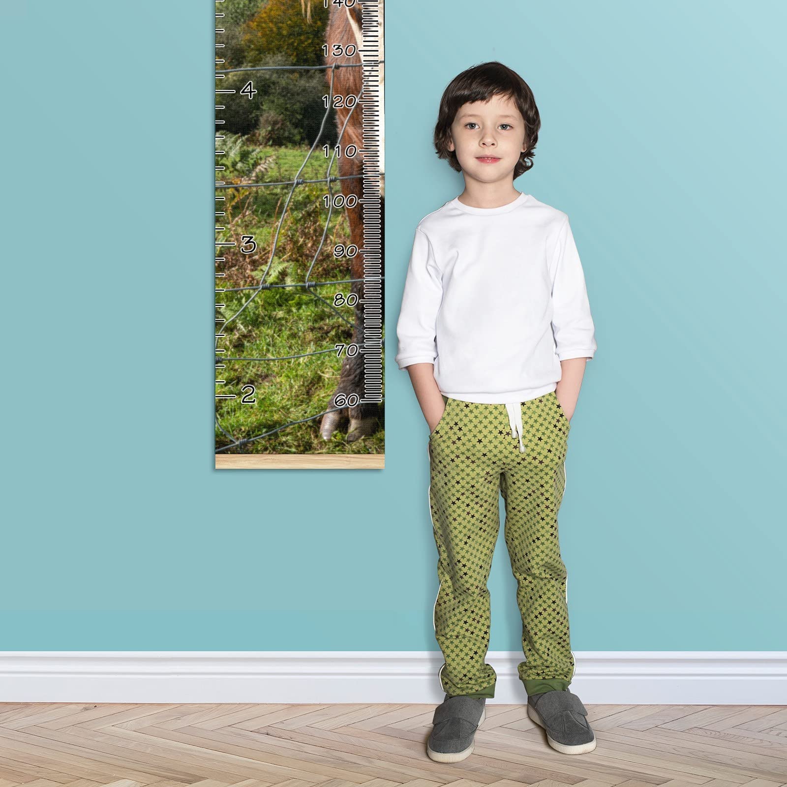 Wooden Kids Growth Chart Ruler - 13.4x56 Inch Wall Mounted Height Measure with Linen Finish, Brown Cow & White Head Design - Perfect for Nursery, Bedroom Decor & Tracking Child's Development