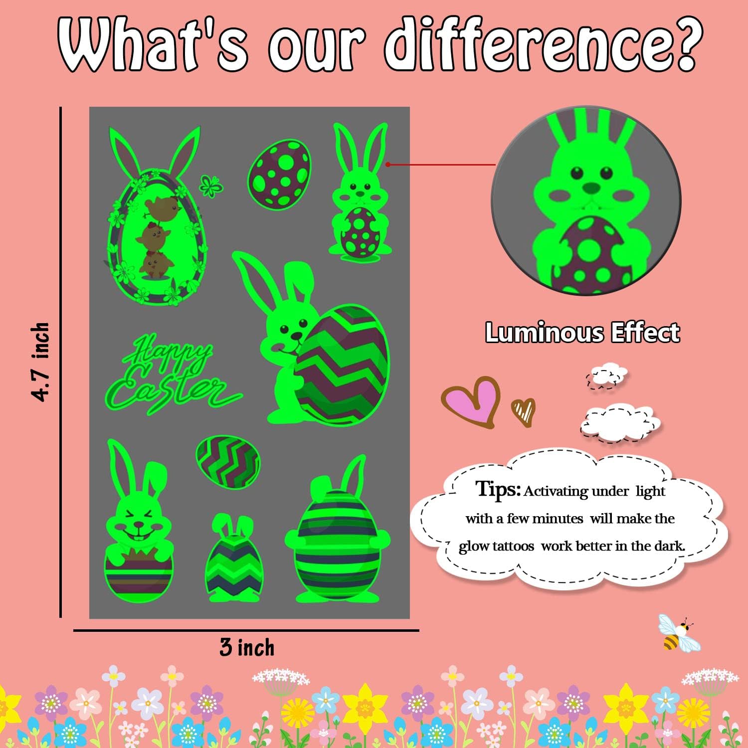 Glow-in-the-Dark Easter Temporary Tattoos for Kids - 24-Pack Fun Luminous Stickers, Easter Basket Stuffers, Party Favors & Gift Fillers - Perfect for Easter Egg Hunts, Classroom Rewards & Spring Celebrations