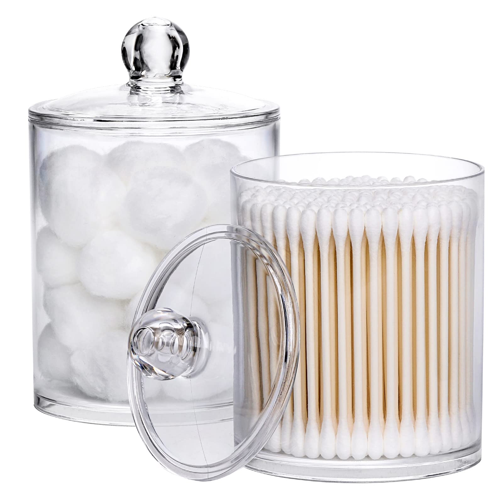 Tbestmax 12-Ounce Clear Plastic Apothecary Jars with Lids - 2 Pack Bathroom Storage Containers for Cotton Balls, Swabs, Round Pads & Dental Floss | Perfect for Vanity Organization, Makeup Counter & Spa Decor