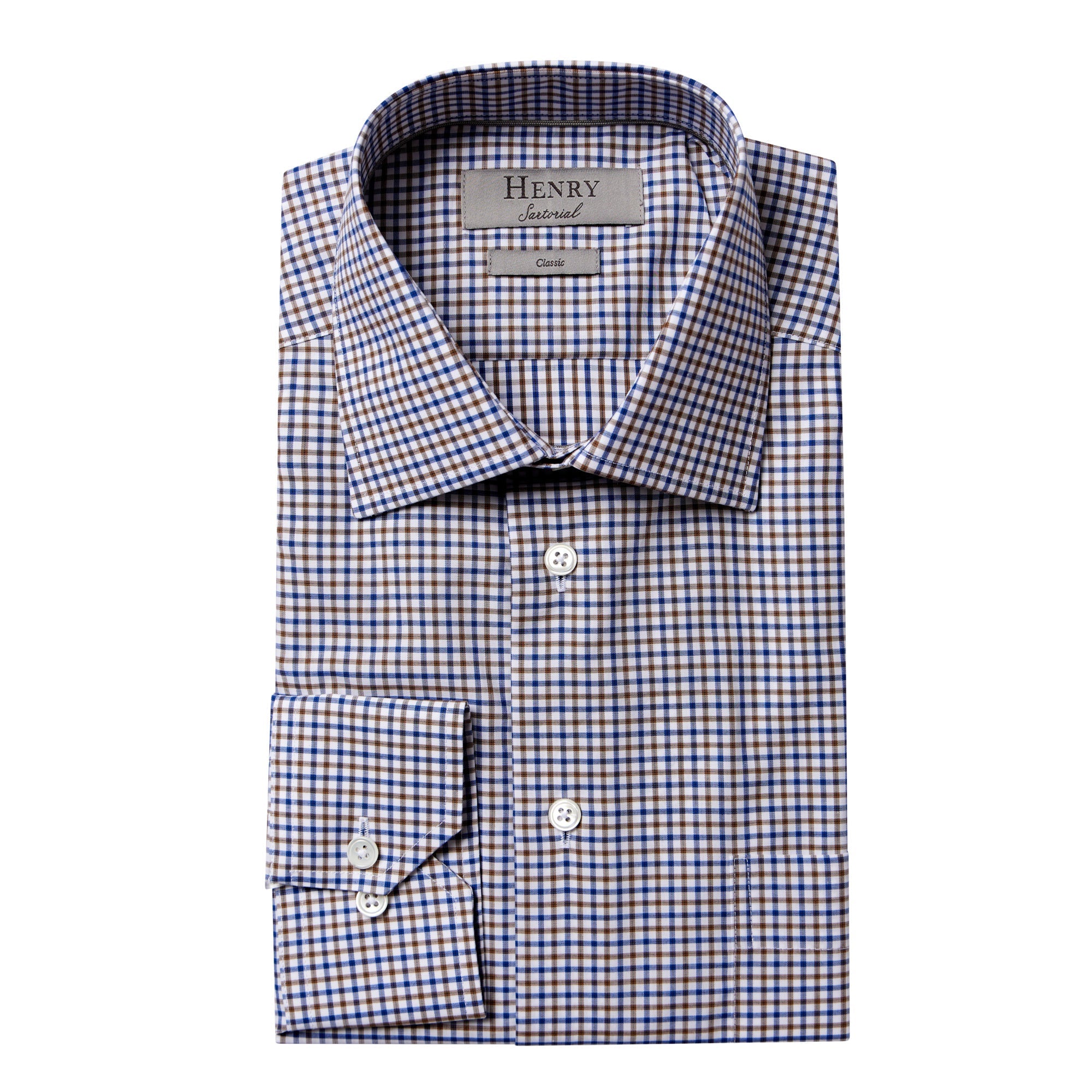 HENRY SARTORIAL Men's Casual Checkered Button Down Shirt - White & Brown Plaid - Comfortable Office & Weekend Wear