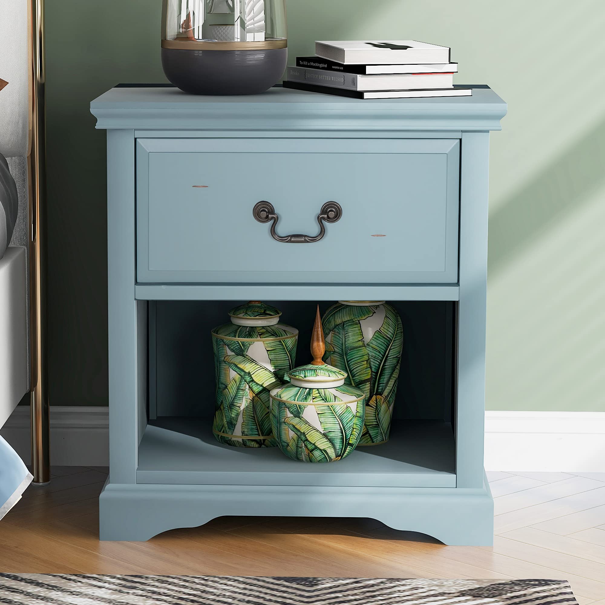**Solid Wood Nightstand with Storage Drawer - Traditional Blue Square End Table for Bedroom, Living Room & Sofa - Perfect for Organizing Books, Lamps & Bedside Essentials**