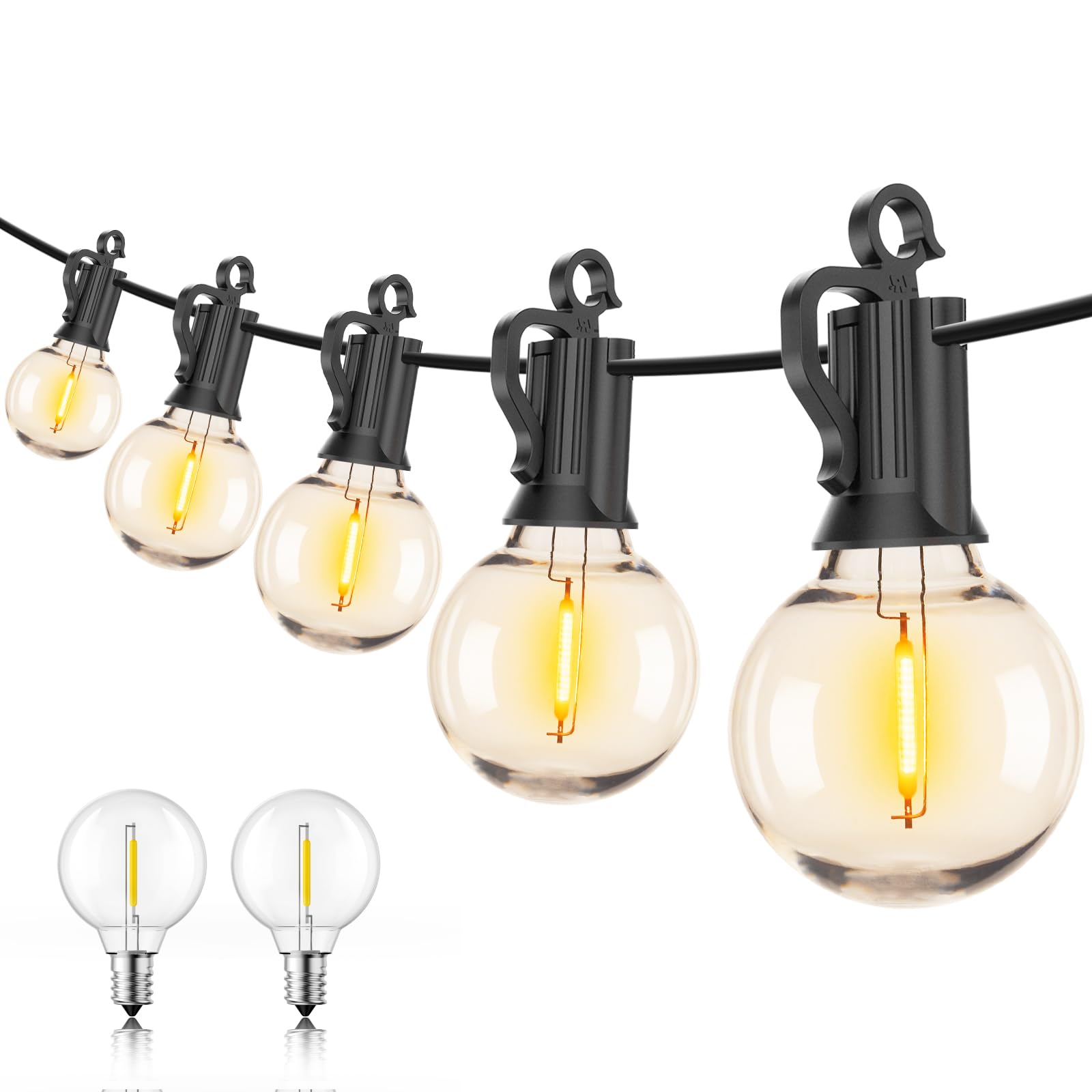 50ft Outdoor String Lights with 52 G40 LED Bulbs (2 Spare) - Connectable Vintage Hanging Lights for Patio, Backyard, Balcony, Porch - Perfect for Parties, Weddings & Bistro Decor - E12 Base, 2200K Warm White, Black