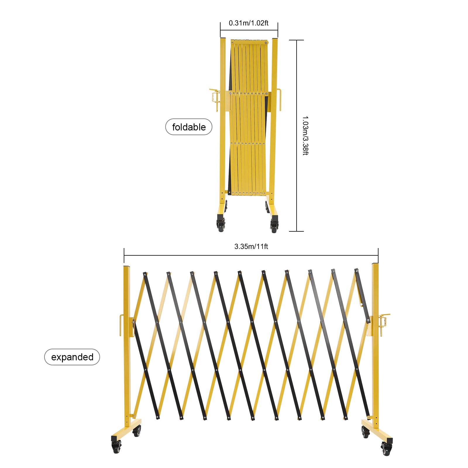 Foldable Industrial Expandable Metal Barricade - Adjustable Safety Barrier Gate with Wheels, Portable Traffic Fence (Yellow & Black, Expands to 11 Feet) - Ideal for Crowd Control, Construction Sites & Event Safety Management