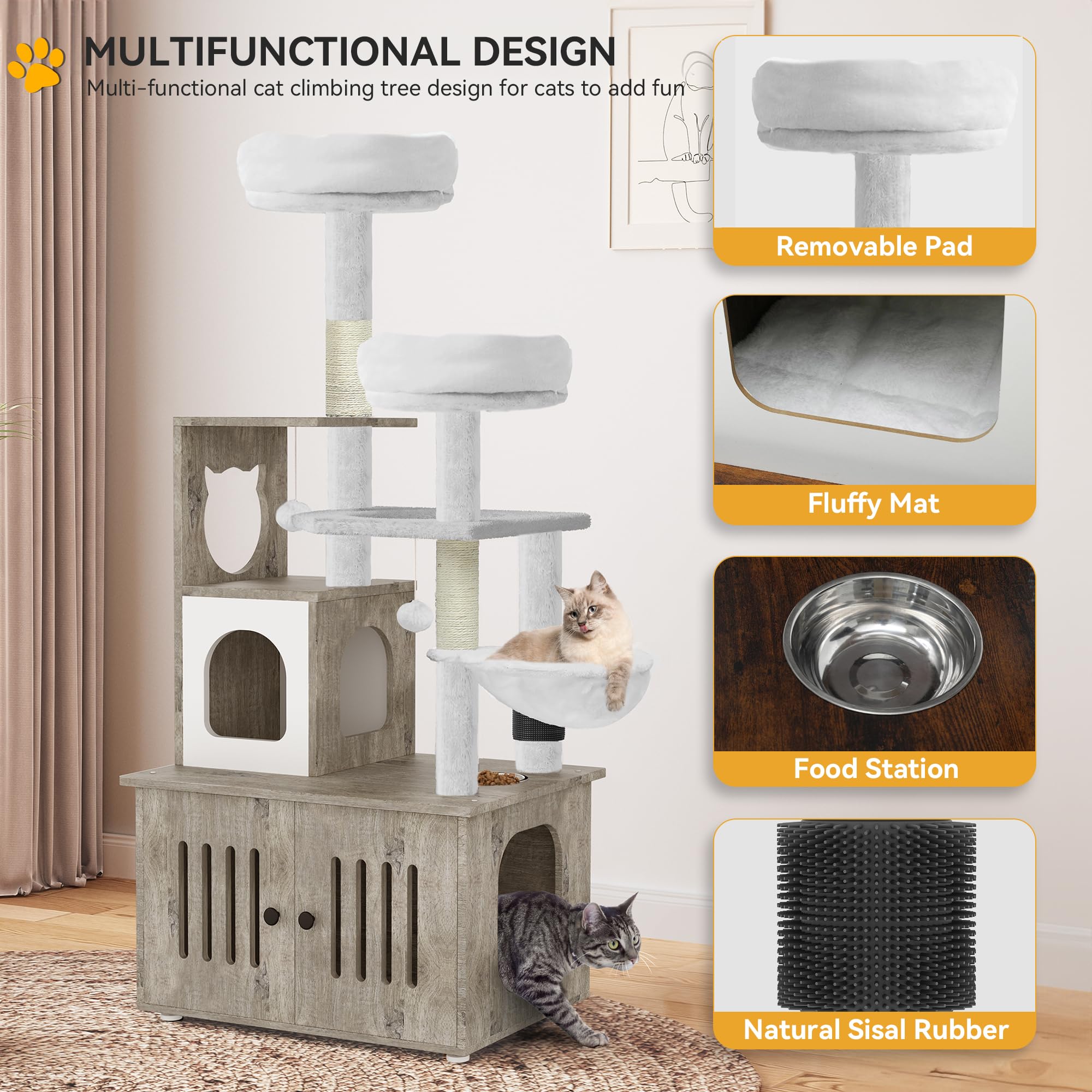 YITAHOME 59 Inch Modern Cat Tree with Litter Box Enclosure - 2-in-1 Cat Furniture, Indoor Cat Tower with Wood House, Perch, Food Station, Hammocks & Scratch Post - Gray Cat Condo for Small Spaces, Perfect for Apartments & Home Decor