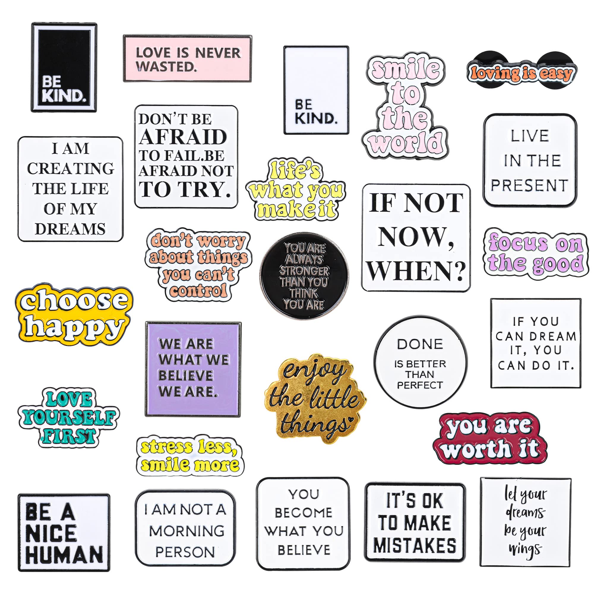 26 PCS Inspirational Enamel Pins Set - Motivational Quote Lapel Badges with Storage Bag for Backpacks, Jackets, Hats & Gifts | Positive Saying Brooches for Students, Teachers, Coworkers & Friends